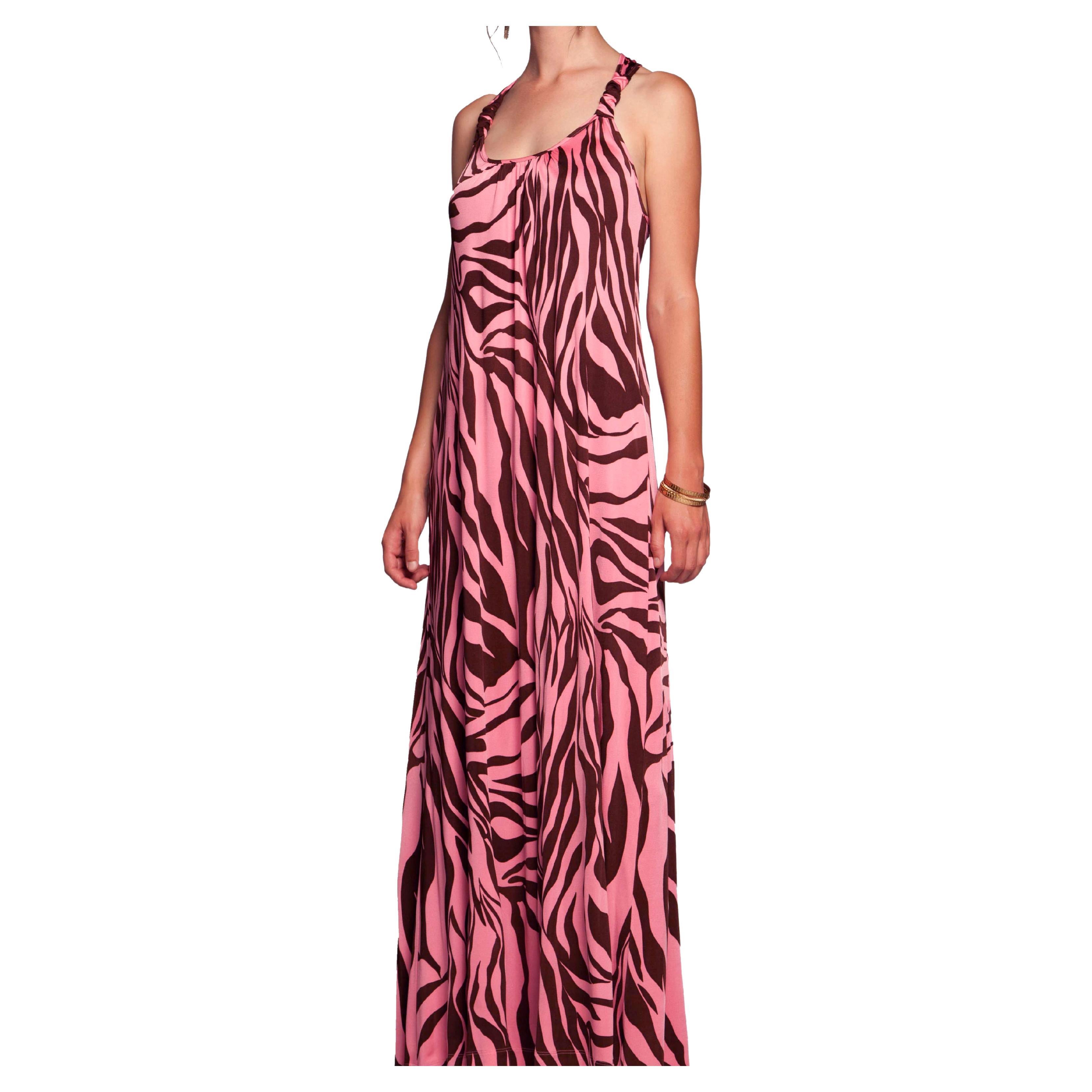 Rich chocolate brown and pink print silk jersey maxi halter dress with a generous, comfortable easy fit - with pockets!
Shirred front to enhance bust area. 
Yards of rich buttery silk jersey to create lots of volume with every