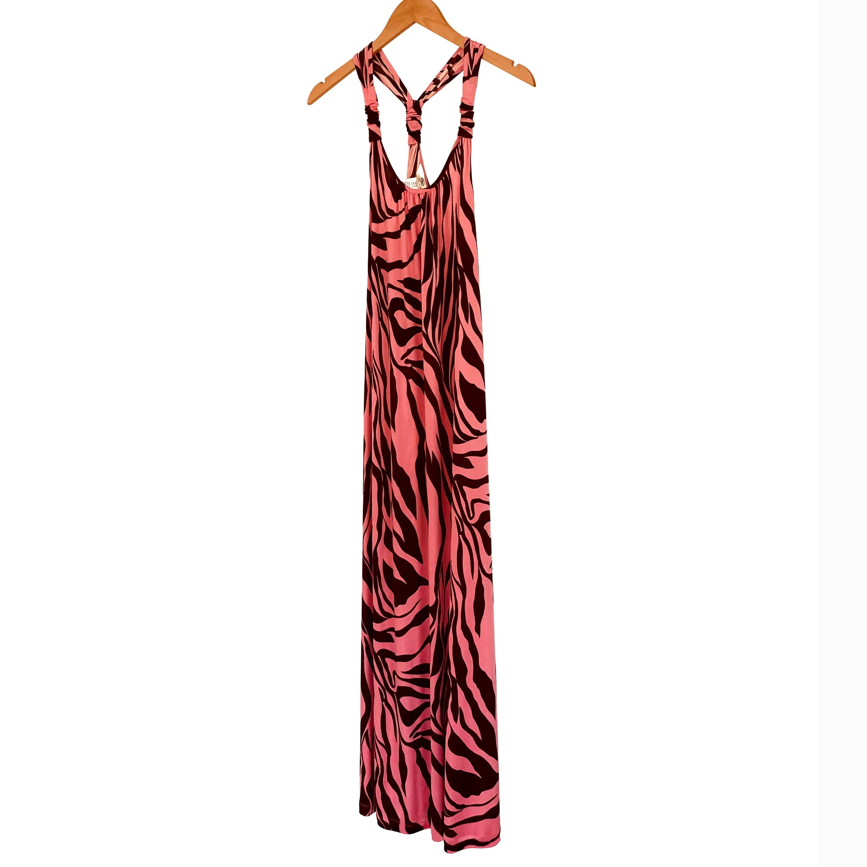 Women's Maxi Boho Pink Brown Flora Kung Silk Jersey Dress NWT For Sale