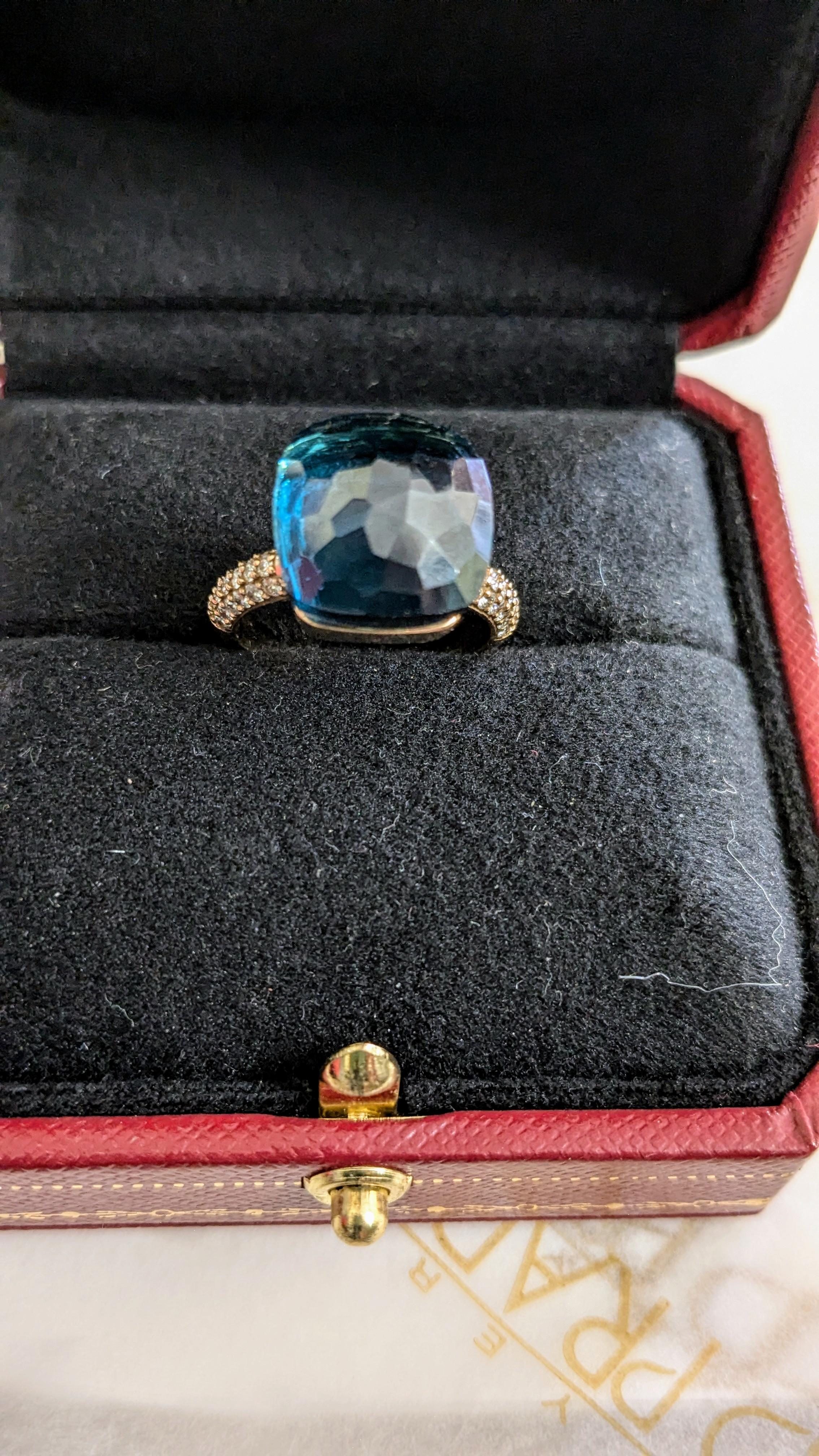 Emerald Cut Maxi Nudo Topaz Blue London in  18K Gold Ring with Pavé of Diamonds For Sale