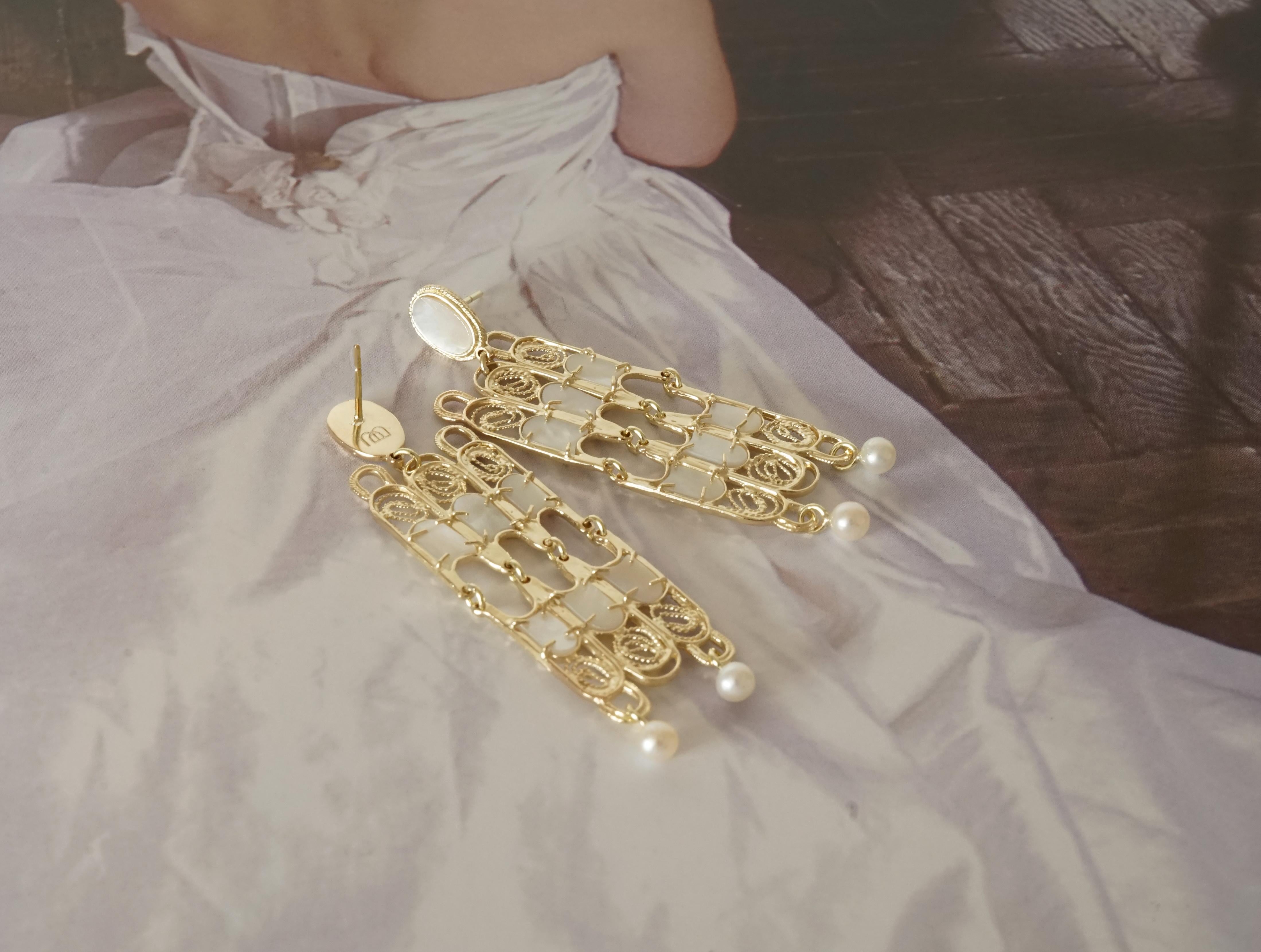 Women's Large 14 Karat Gold Filigree Style Chandelier Pearl Earrings By Mon Pilar  For Sale