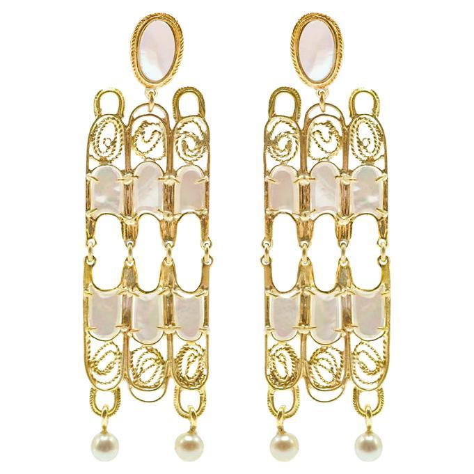 Large 14 Karat Gold Filigree Style Chandelier Pearl Earrings By Mon Pilar  For Sale