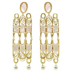 Large 14 Karat Gold Filigree Chandelier Style Pearl Earrings By Mon Pilar 