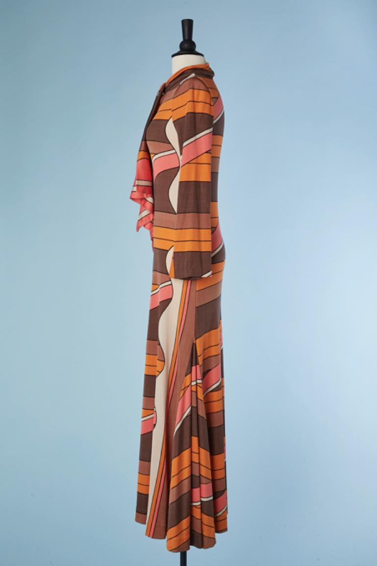 Women's Maxi printed silk jersey dress with bow tie Louis Féraud Paris Circa 1970's  For Sale