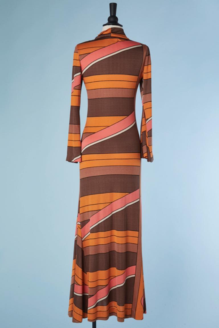 Maxi printed silk jersey dress with bow tie Louis Féraud Paris Circa 1970's  For Sale 1