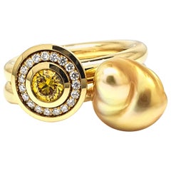 Maxi Splash Ring with 0.38 Carat with Diamonds and a Yellow Gold Pearl