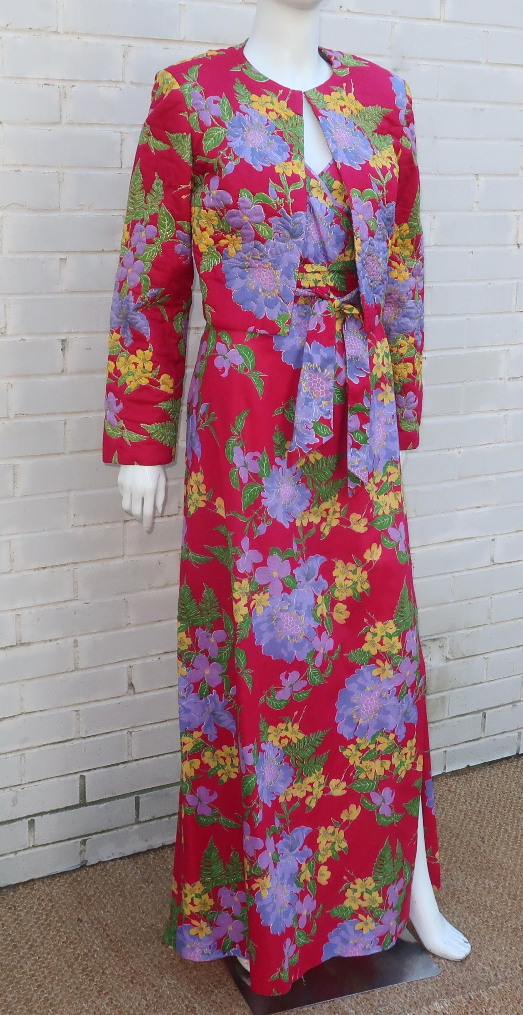 Brown Maxi Thailand Floral Sun Dress With Quilted Jacket, C.1970 For Sale