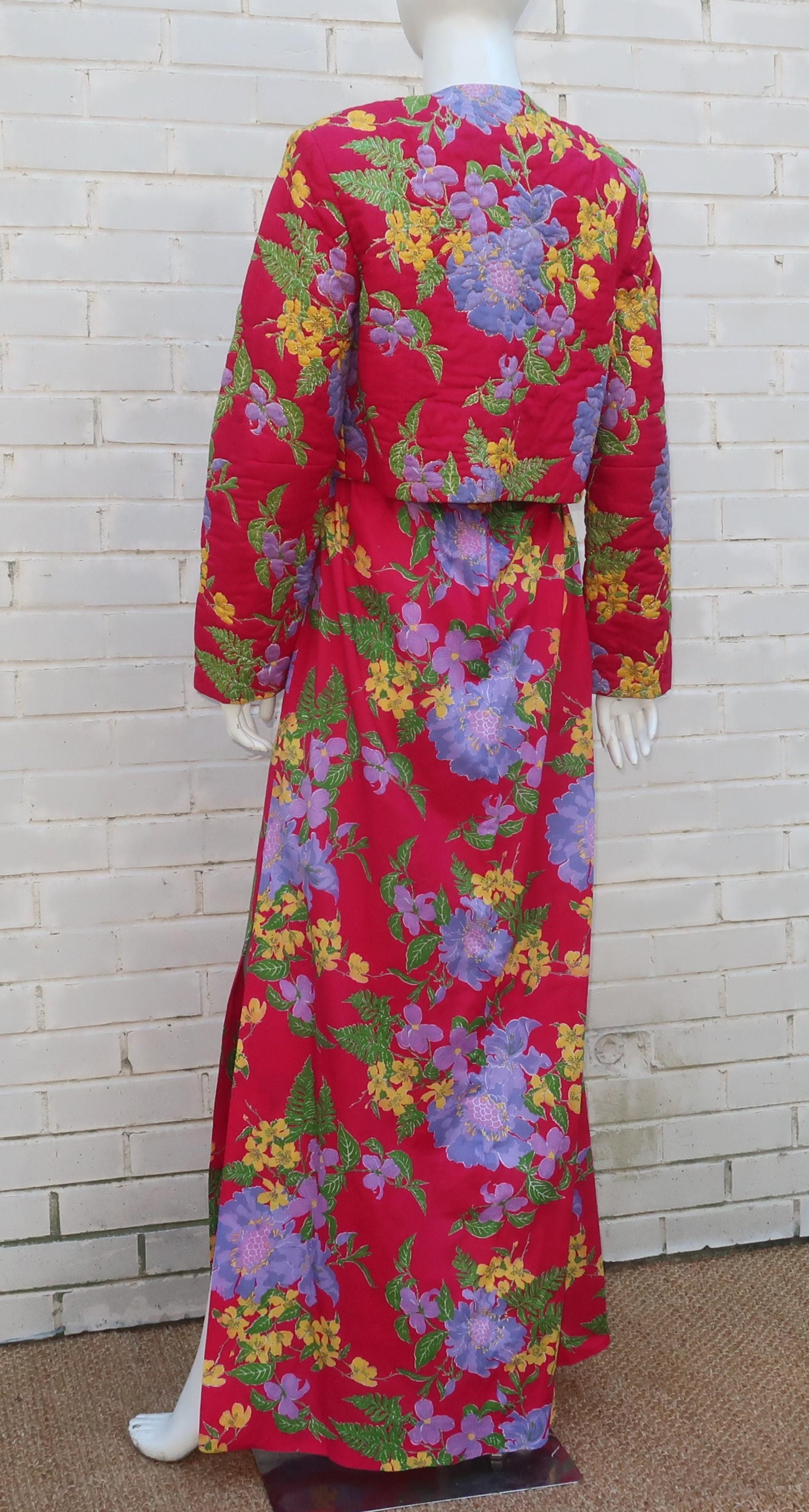 Maxi Thailand Floral Sun Dress With Quilted Jacket, C.1970 In Good Condition For Sale In Atlanta, GA