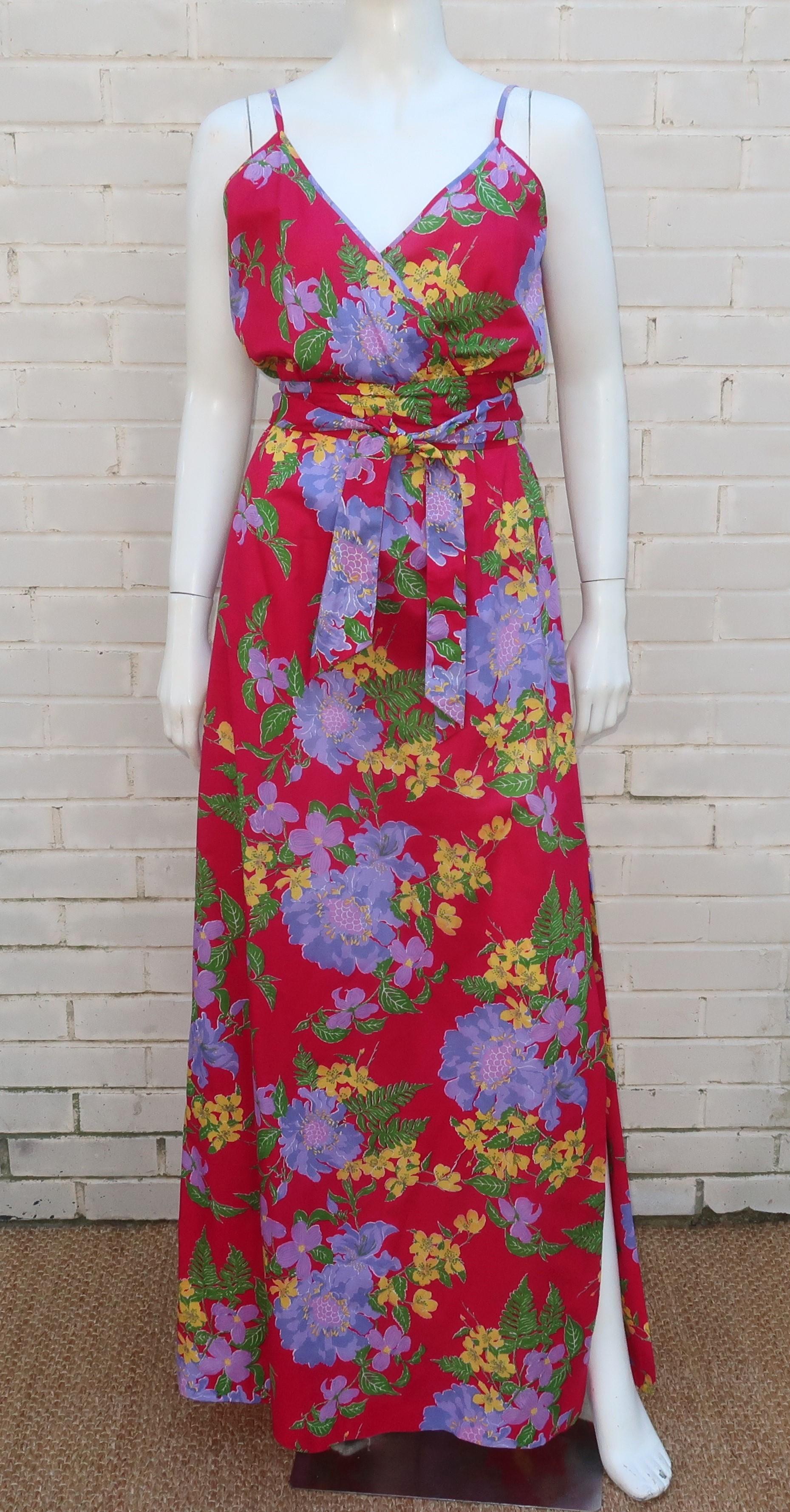Women's Maxi Thailand Floral Sun Dress With Quilted Jacket, C.1970 For Sale