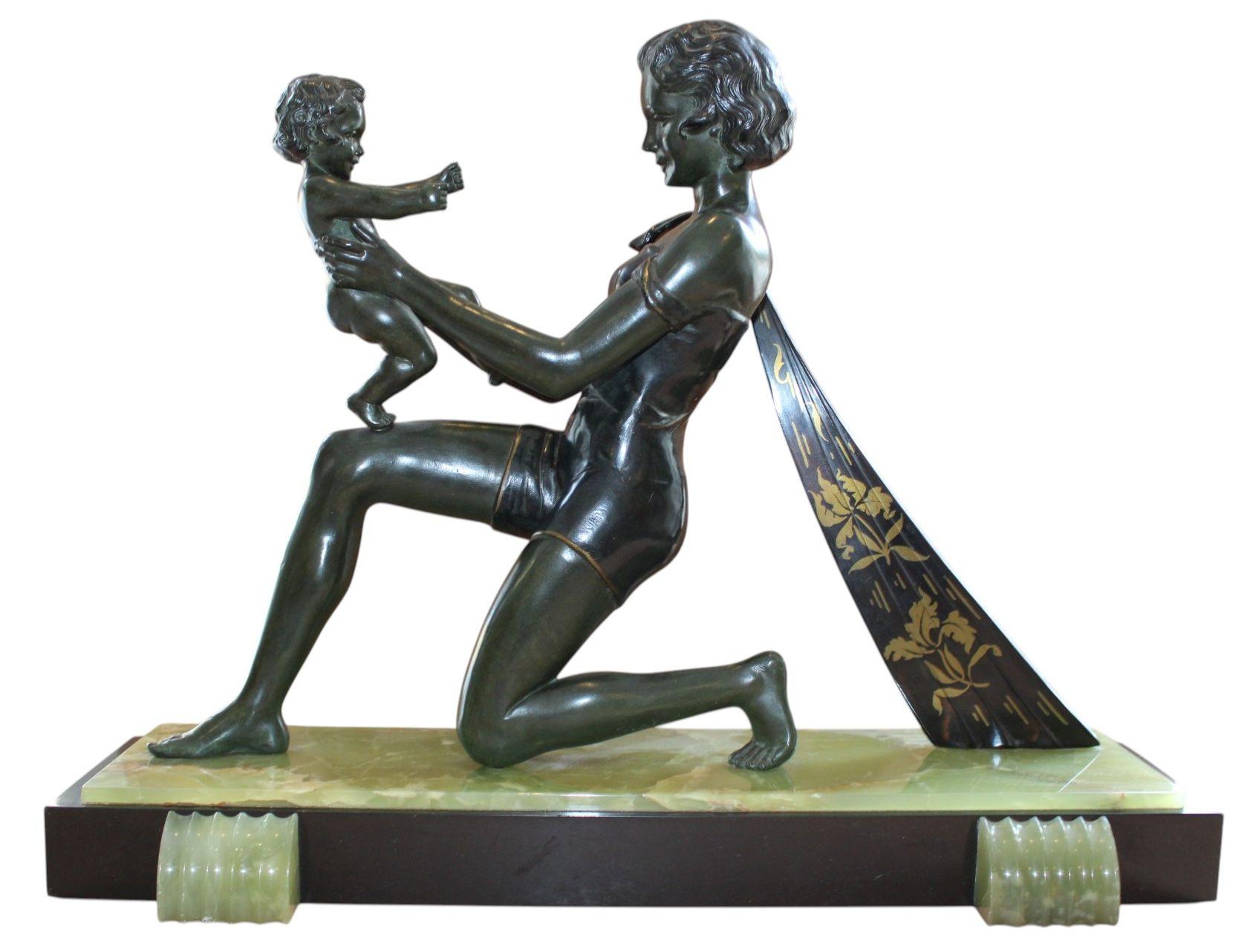 Maxim Geo Figurative Sculpture - Woman with child. Metal, marble, onyx, 39x51x15 cm