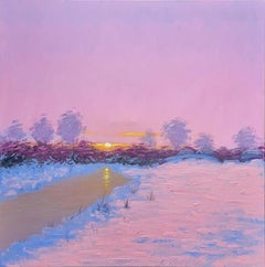 Maxim Litvinov "Tramonto d'inverno" 36x36 Rosa Viola Neve Paesaggio Pittura