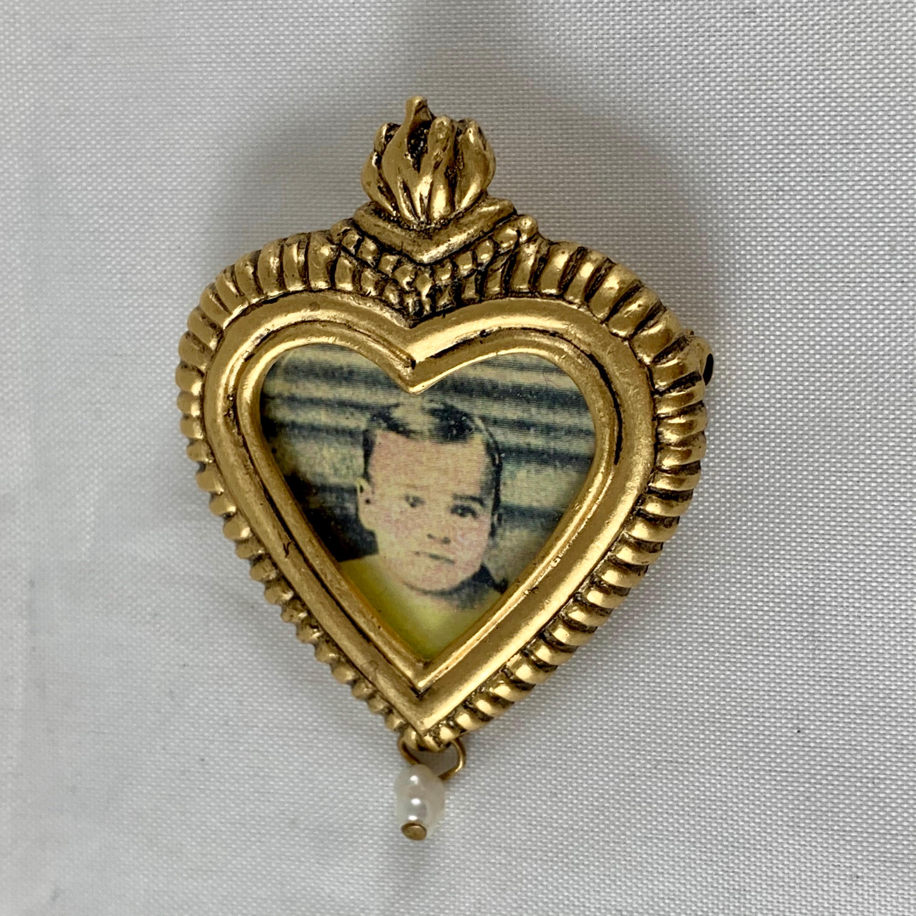 Cast Maximal Art Vintage 1980s Sacred Heart Gold-Tone and Seed Pearl Portrait Pin For Sale