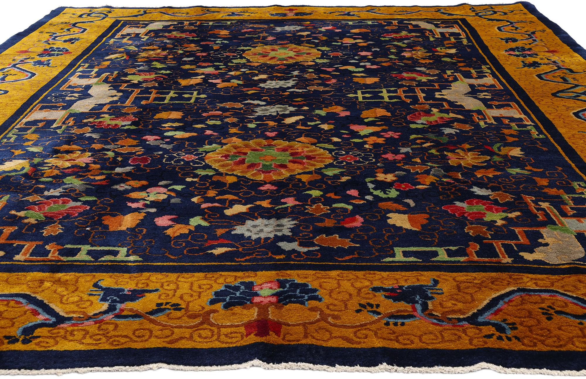 Hand-Knotted Maximalist Antique Chinese Art Deco Rug with Dragon Border For Sale