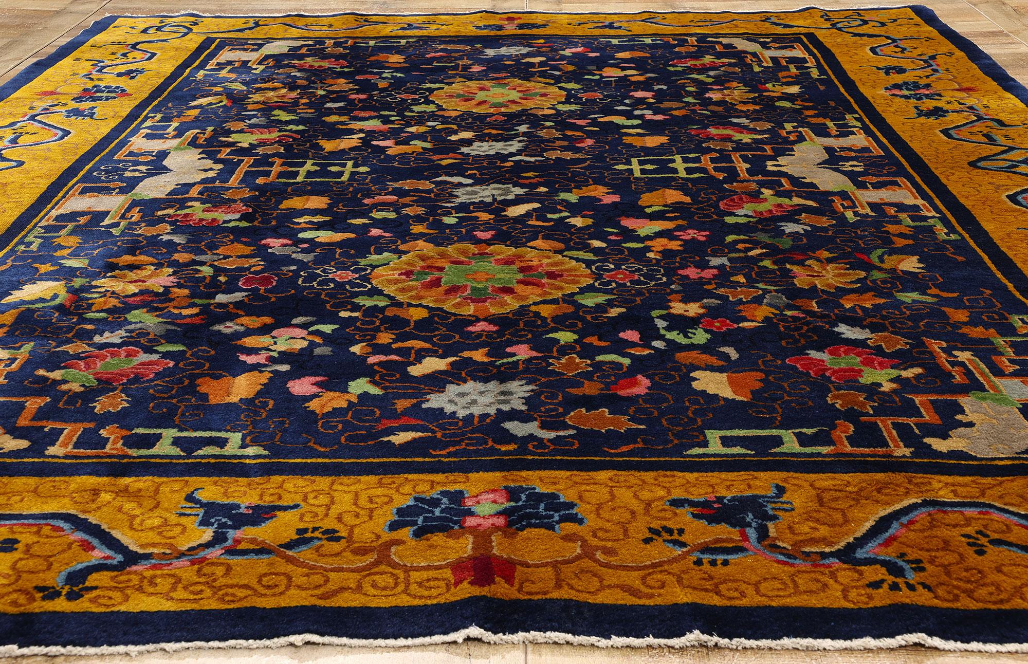Maximalist Antique Chinese Art Deco Rug with Dragon Border For Sale 2