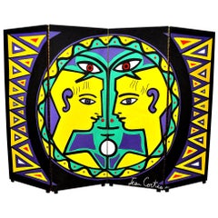 Vintage Maximalist Four-Panel Hand Painted Screen, After Jean Cocteau, 1950s