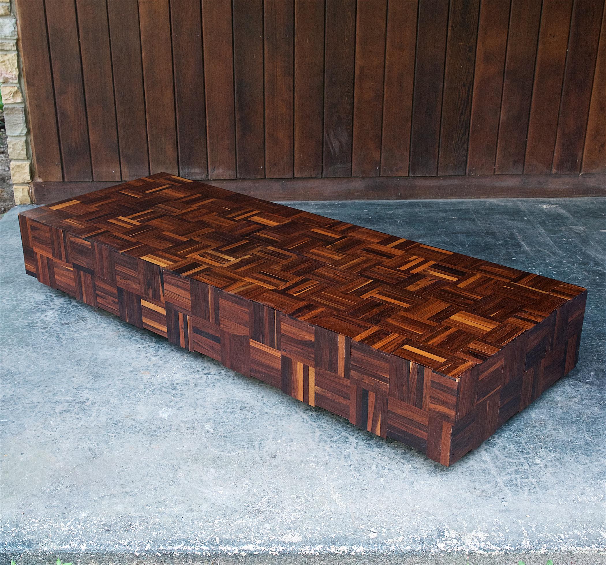 Monumental American Studio Craft piece of furniture. Perhaps a custom piece for a large conversation pit. Who knows? Anyway, we cleaned it up, and it is ready for a new life. The wood appears to be Brazilian Rosewood (Jacaranda) or Brazilian Cherry.