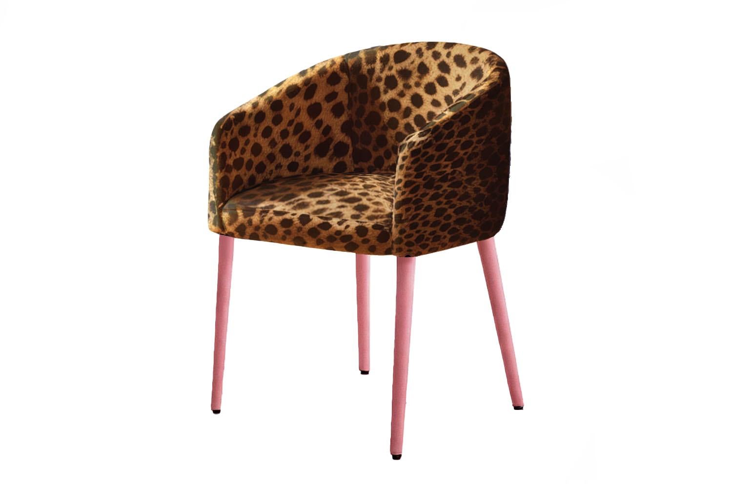 Spanish Contemporary Leopard Furry Velvet Black Legs Dining Chair Utopía For Sale