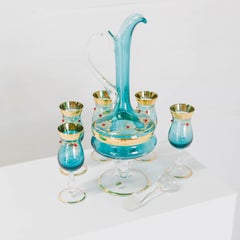 Maximalist Midcentury Venetian Glass Decanter and Five Glasses, Never Used