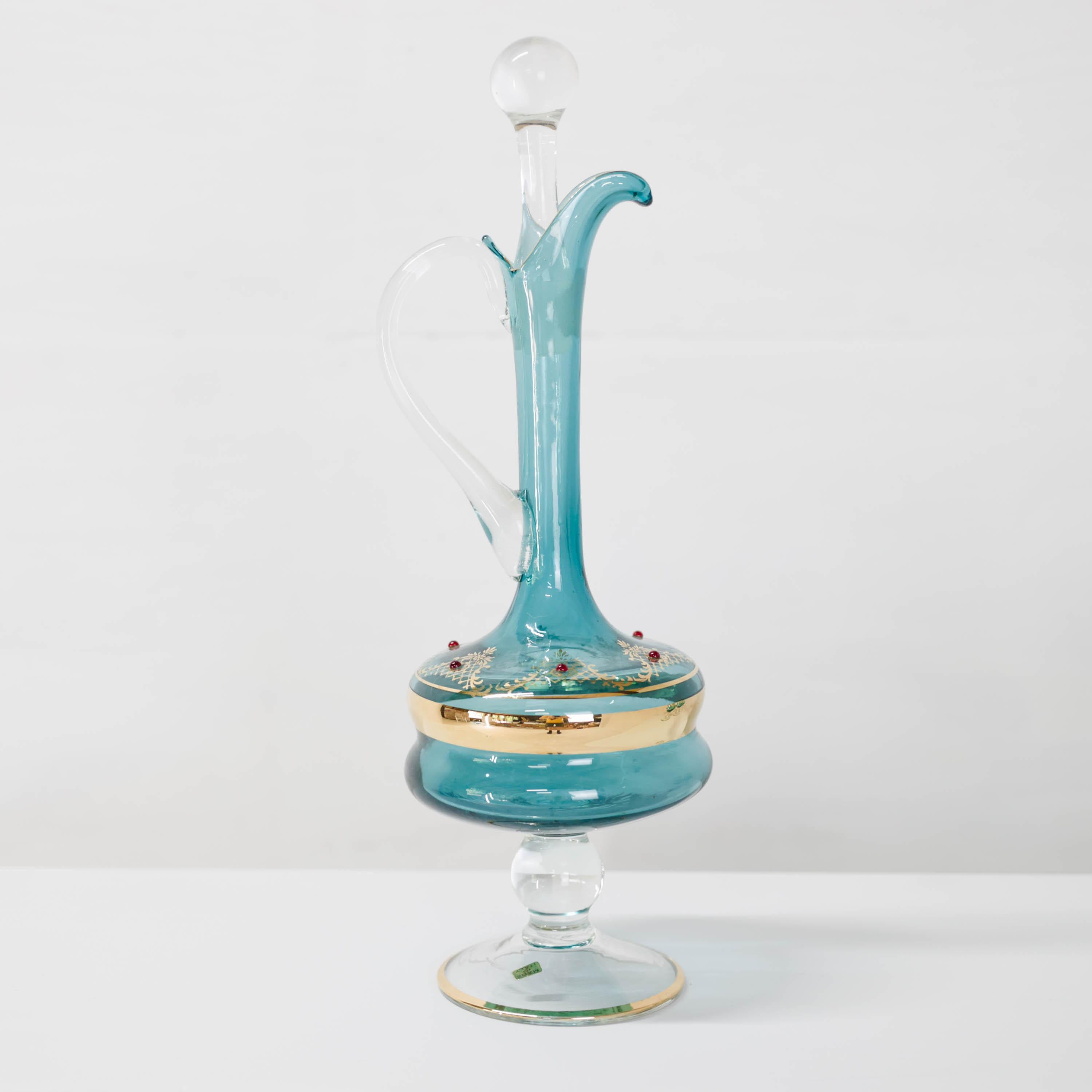 Maximalistischer venezianischer Glas-Dekanter aus der Mitte des Jahrhunderts und fünf Gläser, nie benutzt (Italienisch) im Angebot