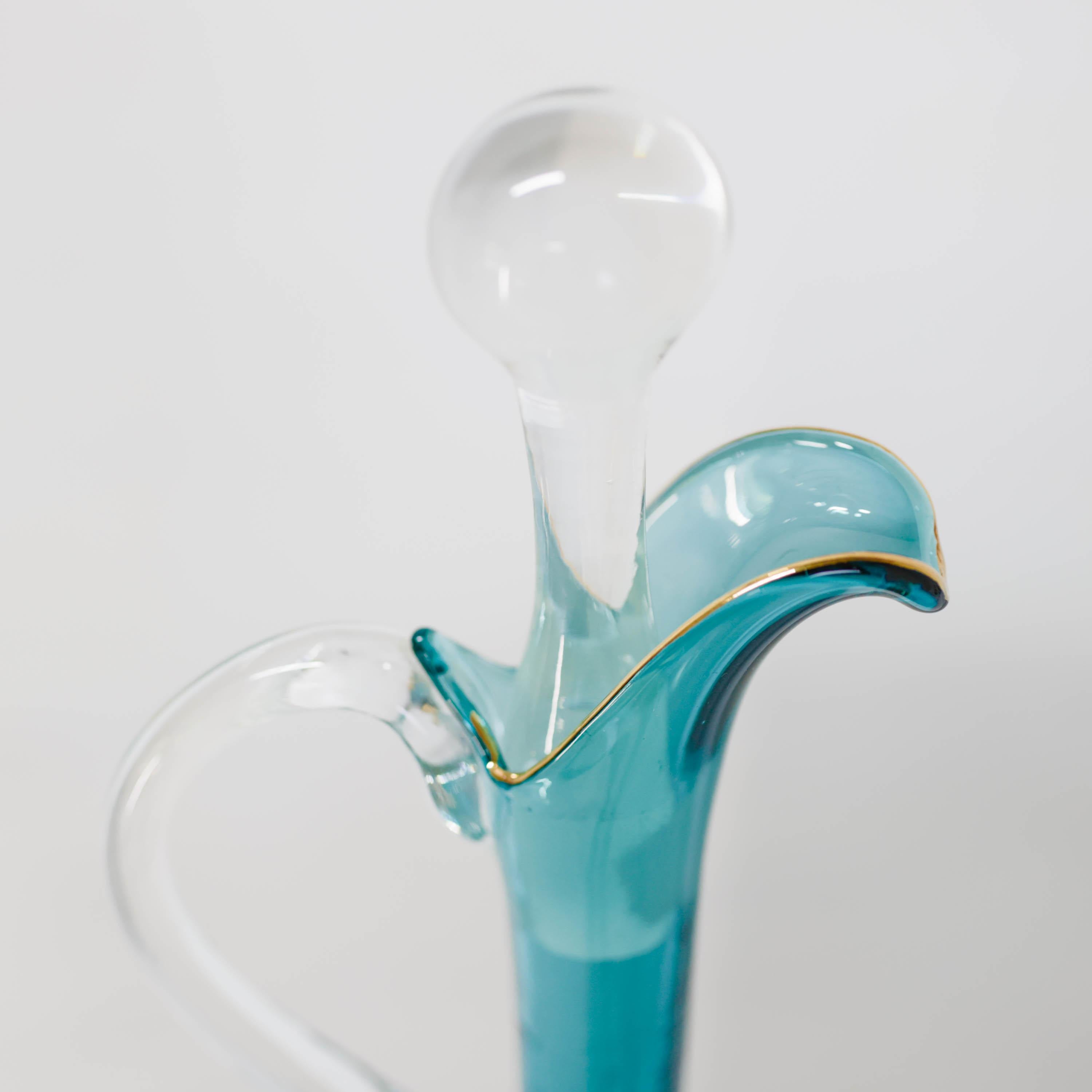 Maximalistischer venezianischer Glas-Dekanter aus der Mitte des Jahrhunderts und fünf Gläser, nie benutzt (20. Jahrhundert) im Angebot