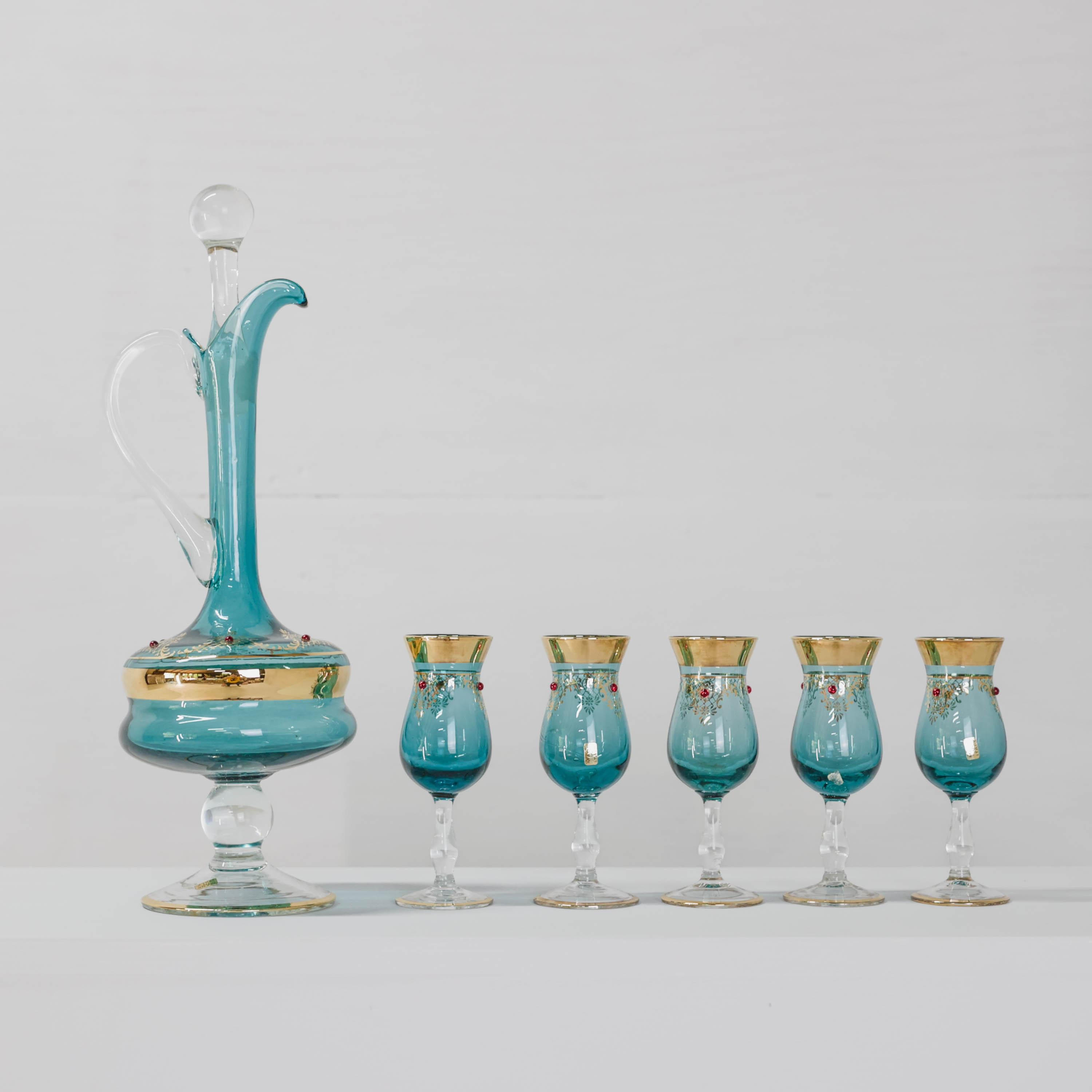 Gold Maximalist Midcentury Venetian Glass Decanter and Five Glasses, Never Used For Sale