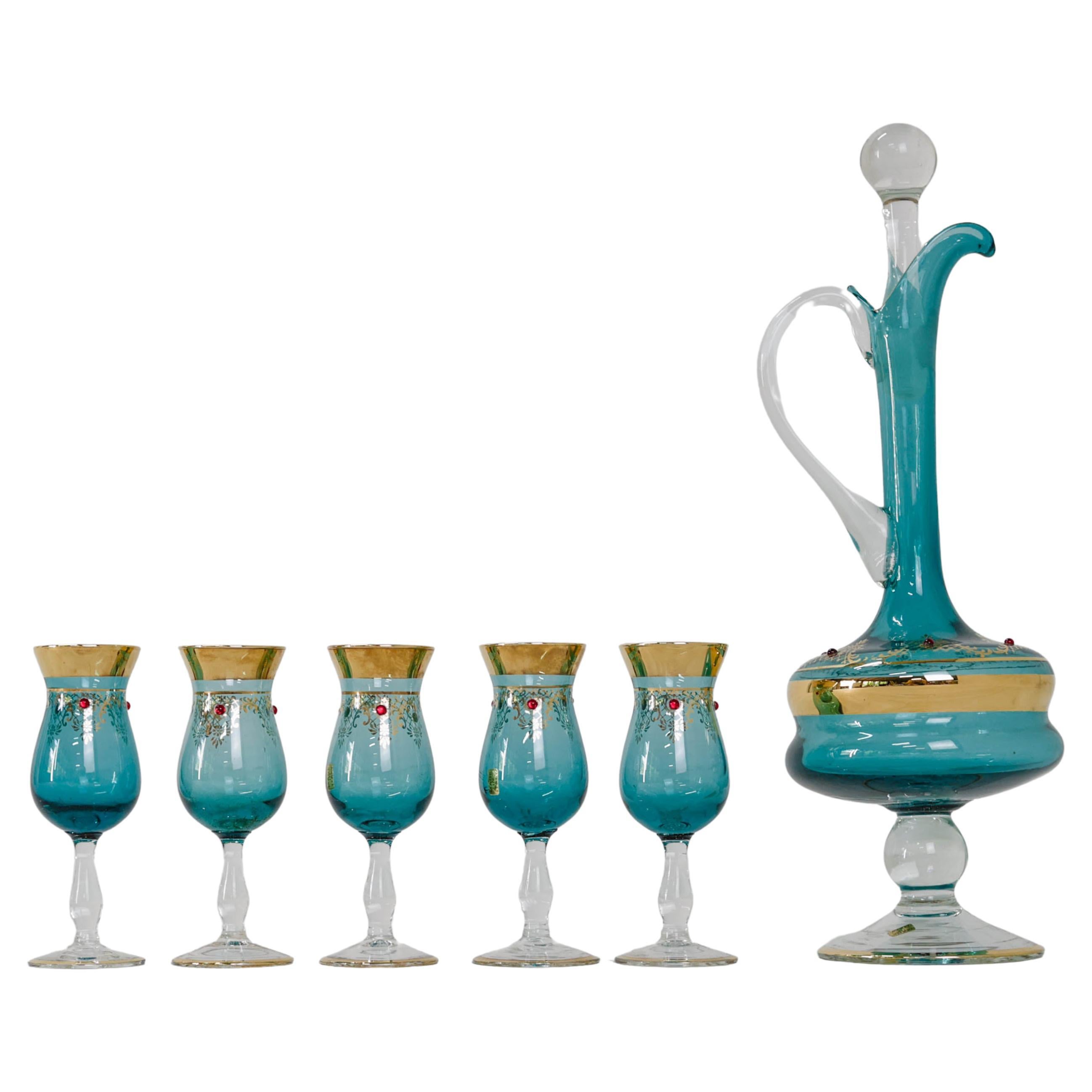 Maximalist Midcentury Venetian Glass Decanter and Five Glasses, Never Used For Sale
