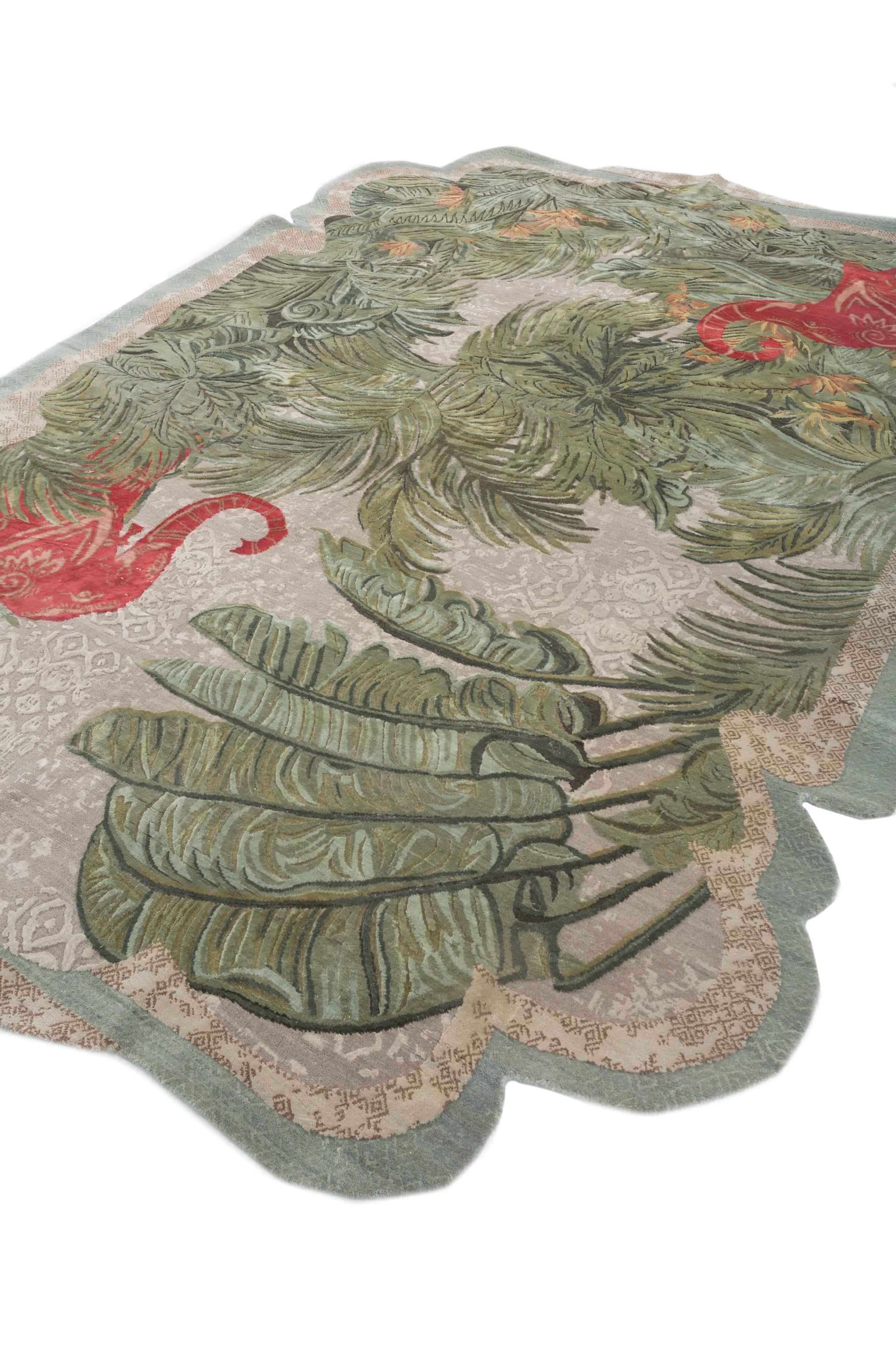 Esta alfombra anudada a mano, una cautivadora creación de la colección Inde Rose de Vinita Chaitanya, es una sinfonía maximalista de formas, estampados y texturas. Inspirada en los arcos de la arquitectura palaciega de Jaipur, la alfombra muestra