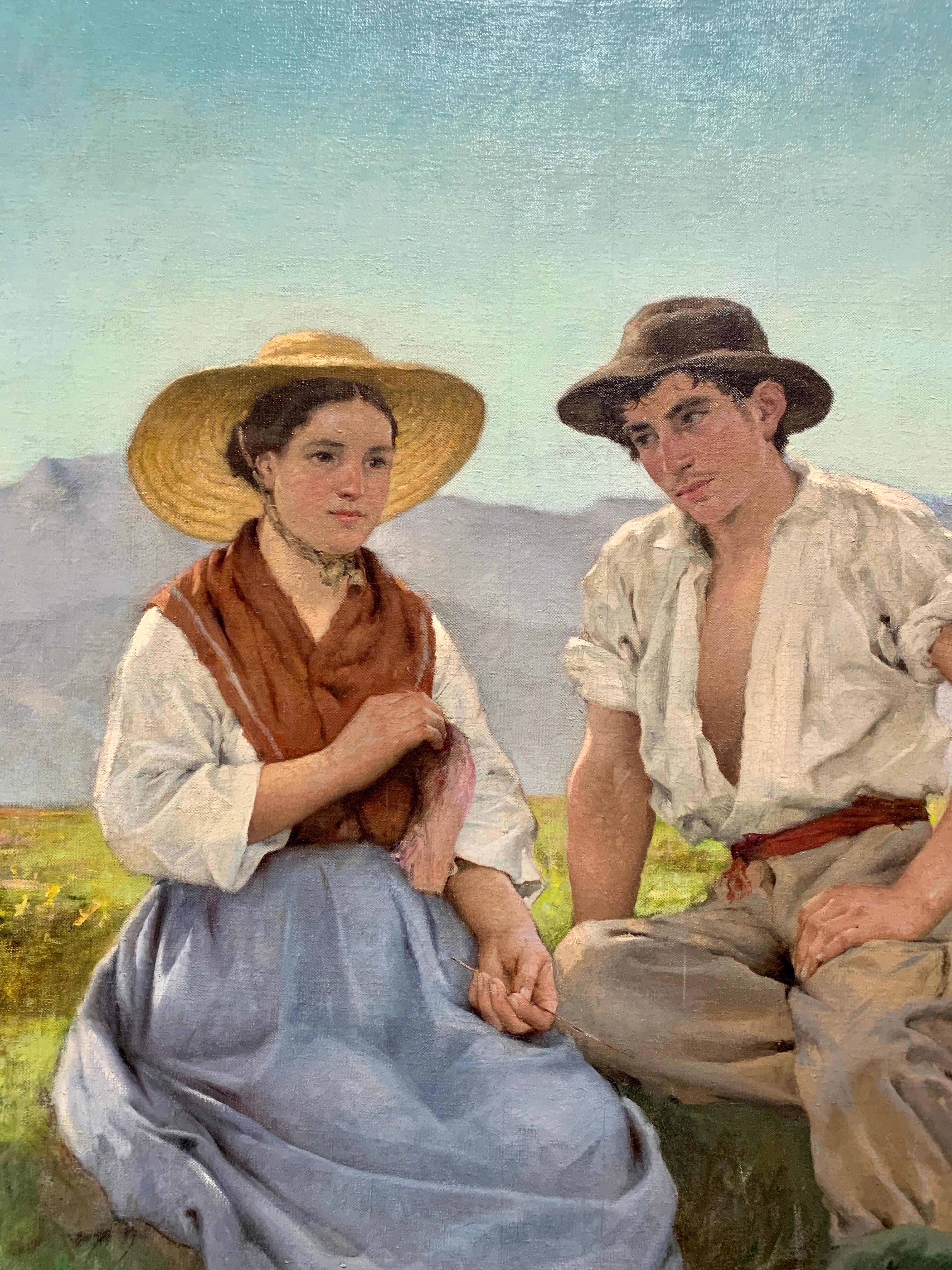 19th century French or Basque 'Young Lovers', a Courting Couple in a landscape  - Painting by Maxime Dastugue