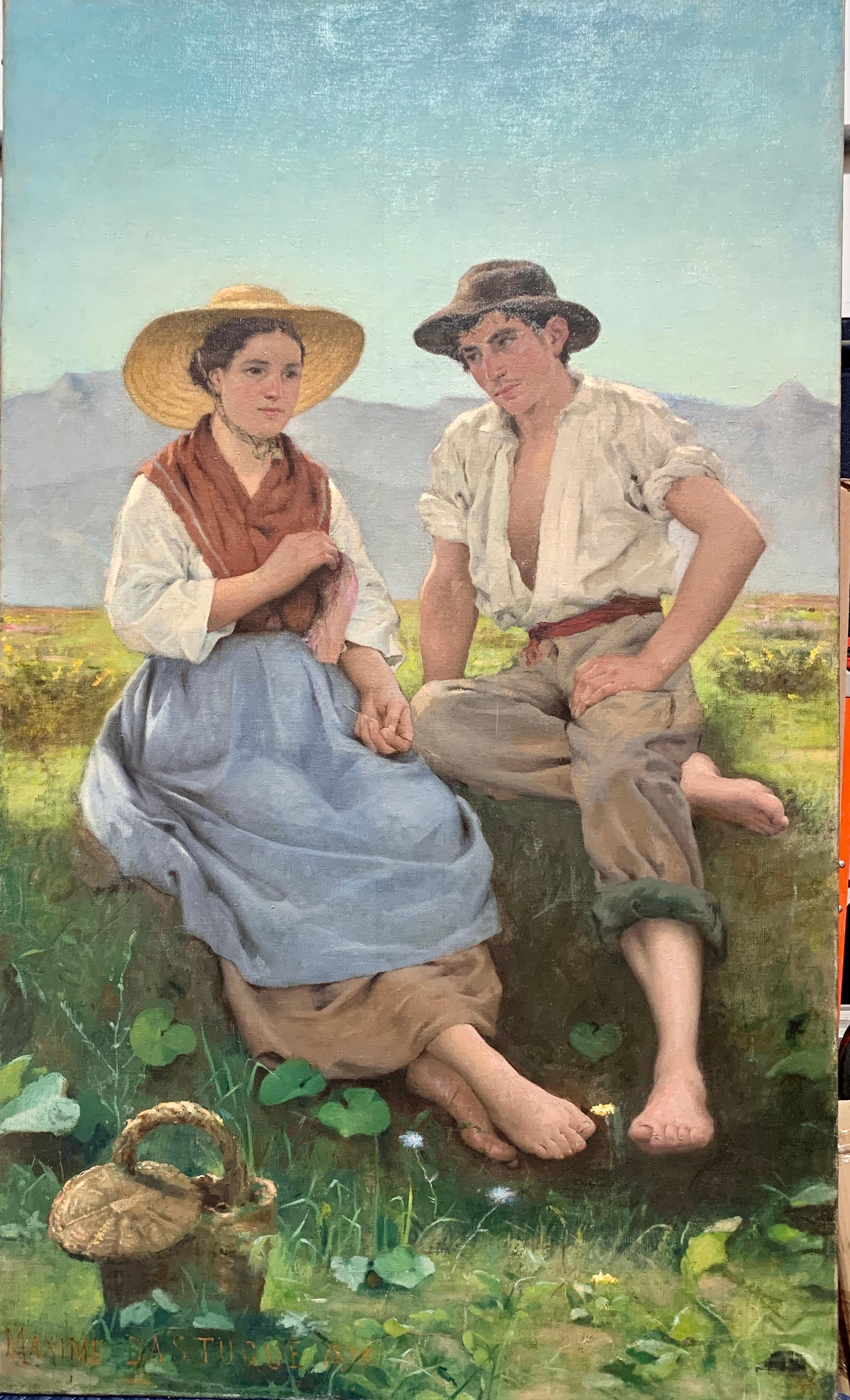Deux jeunes amoureux dans un paysage, français ou basque du XIXe siècle 