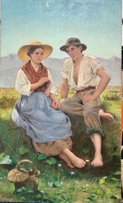 Antique 19th century French or Basque 'Young Lovers', a Courting Couple in a landscape 