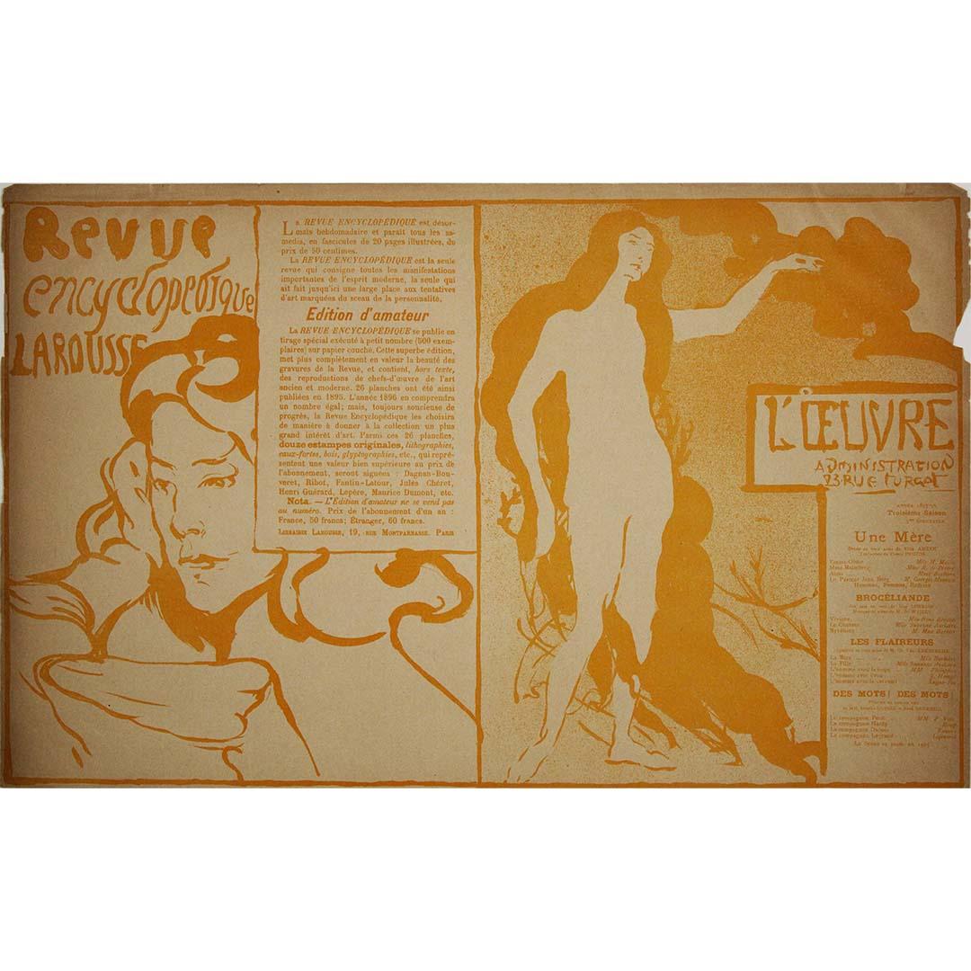 Questo programma teatrale del 1896, raro e splendidamente composto, mette in mostra la voce visiva distintiva di Maxime Dethomas, uno dei più raffinati illustratori della Belle Époque. Creato per una serata con più spettacoli al Théâtre de l'Œuvre,