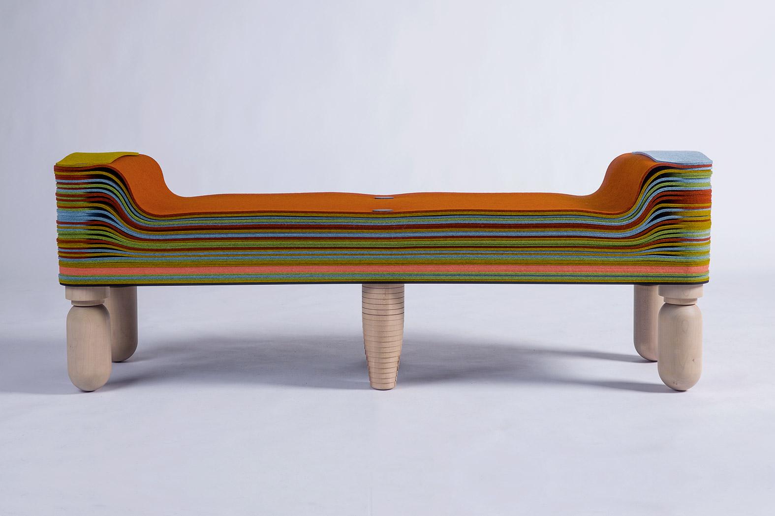 Contemporary Maxine, Felt and Wood Bench, Benoist F. Drut in Stackabl, Canada, 2021 For Sale