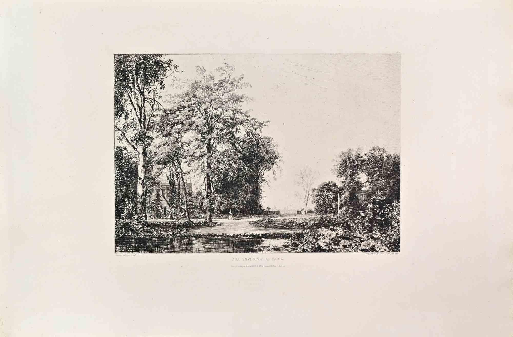 Aux Environs de Paris es un aguafuerte en blanco y negro realizado por Maxime Lalanne en la década de 1860. 

Titulado en la parte inferior

Tamaño de la imagen: 32x23

Muy buena impresión.

Realizado para la "Société des Aquafortistes. Nacida por