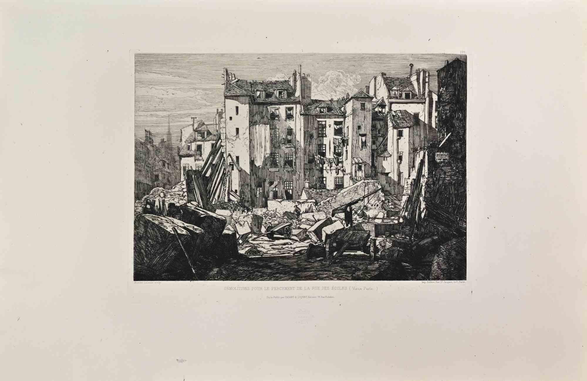 Demolitions pour le Percement de la Rue des Ecoles es un aguafuerte en blanco y negro realizado por Maxime Lalanne en la década de 1860. 

Titulado en la parte inferior.

Tamaño de la imagen: 24x32.

Muy buena impresión con amplios márgenes y un