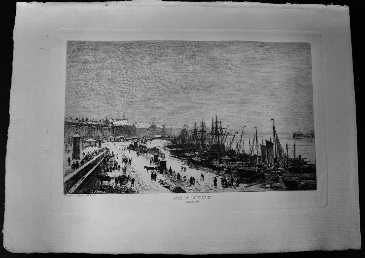 Le port de Bordeaux, France en hiver : une gravure du 19e siècle de Maxime Lalanne en vente 1