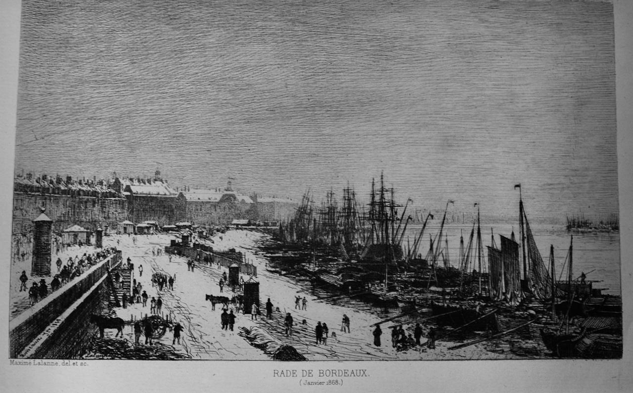 Le port de Bordeaux, France en hiver : une gravure du 19e siècle de Maxime Lalanne en vente 2