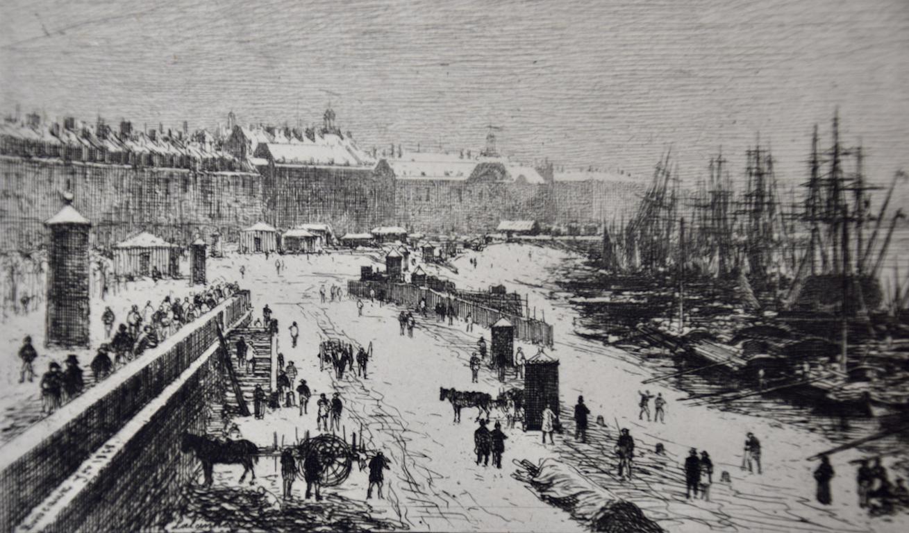 The Port Of Bordeaux, France In Winter: A 19th C. Etching by Maxime Lalanne For Sale 1
