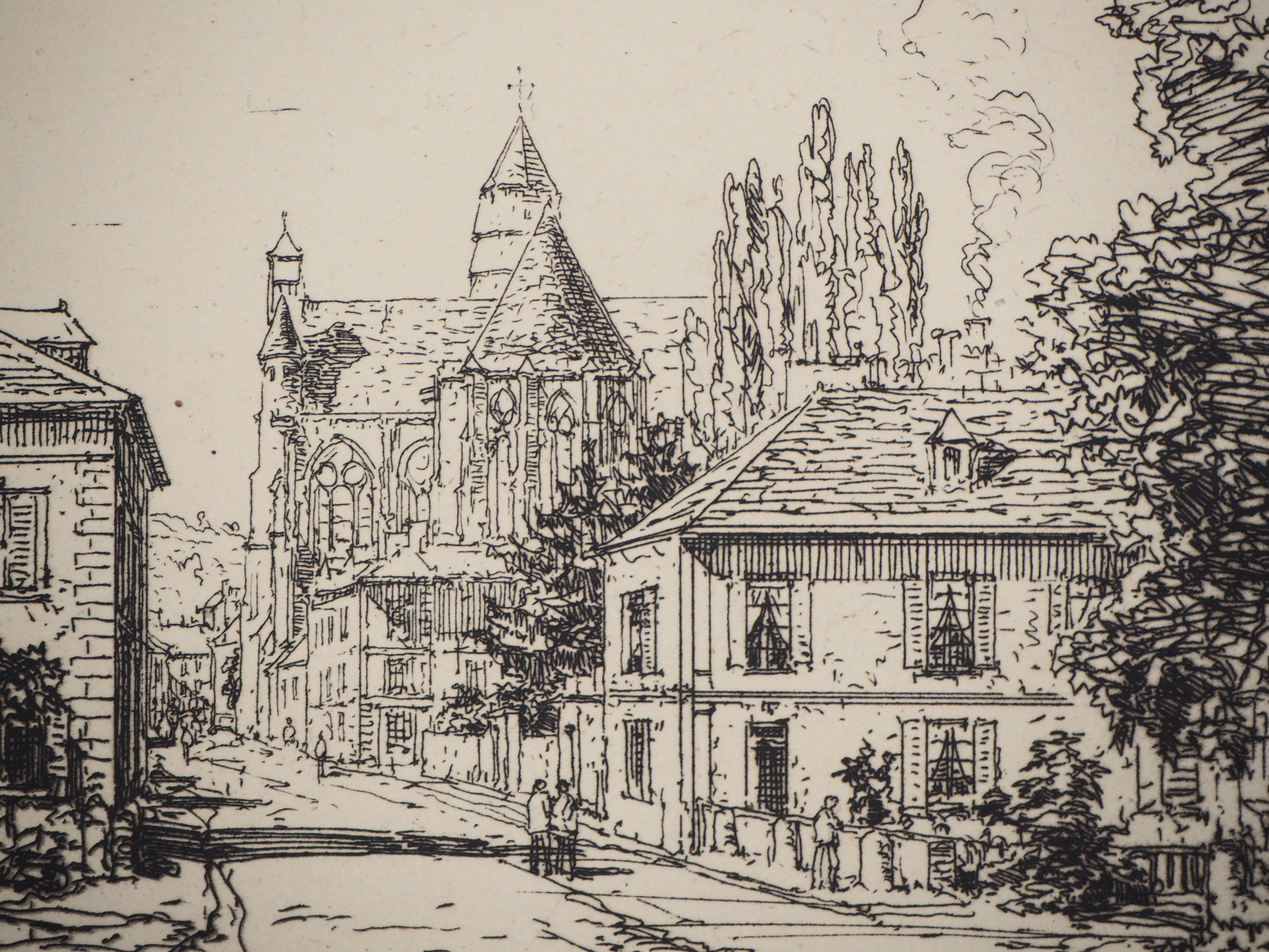 Traditional Village, Church of Essomes - Original etching - Beige Landscape Print by Maxime Lalanne