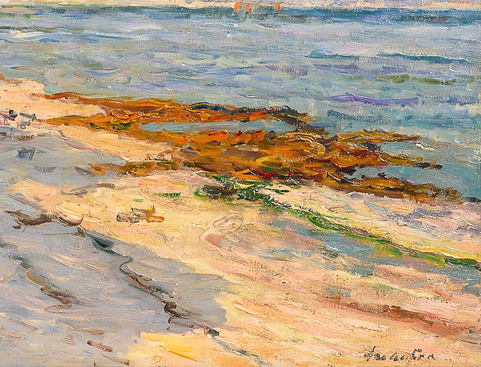 la Plage de Kerhostin, Morbihan French Impressionist Beach Scene of figures - Beige Landscape Painting by Maxime Maufra