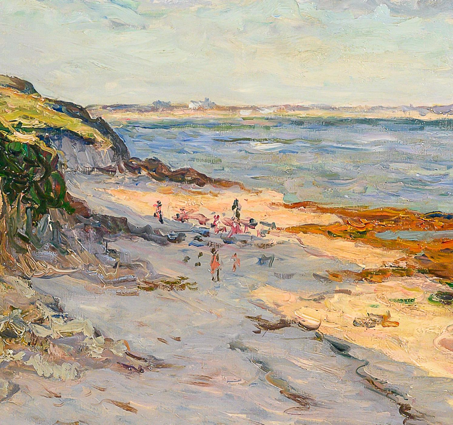 Painted circa 1907, this luminous coastal landscape offers a serene glimpse of Kerhostin beach in Morbihan, Brittany. In the foreground, a few small boats rest on sunlit sand near shallow, shimmering water. The gently rolling shoreline and distant