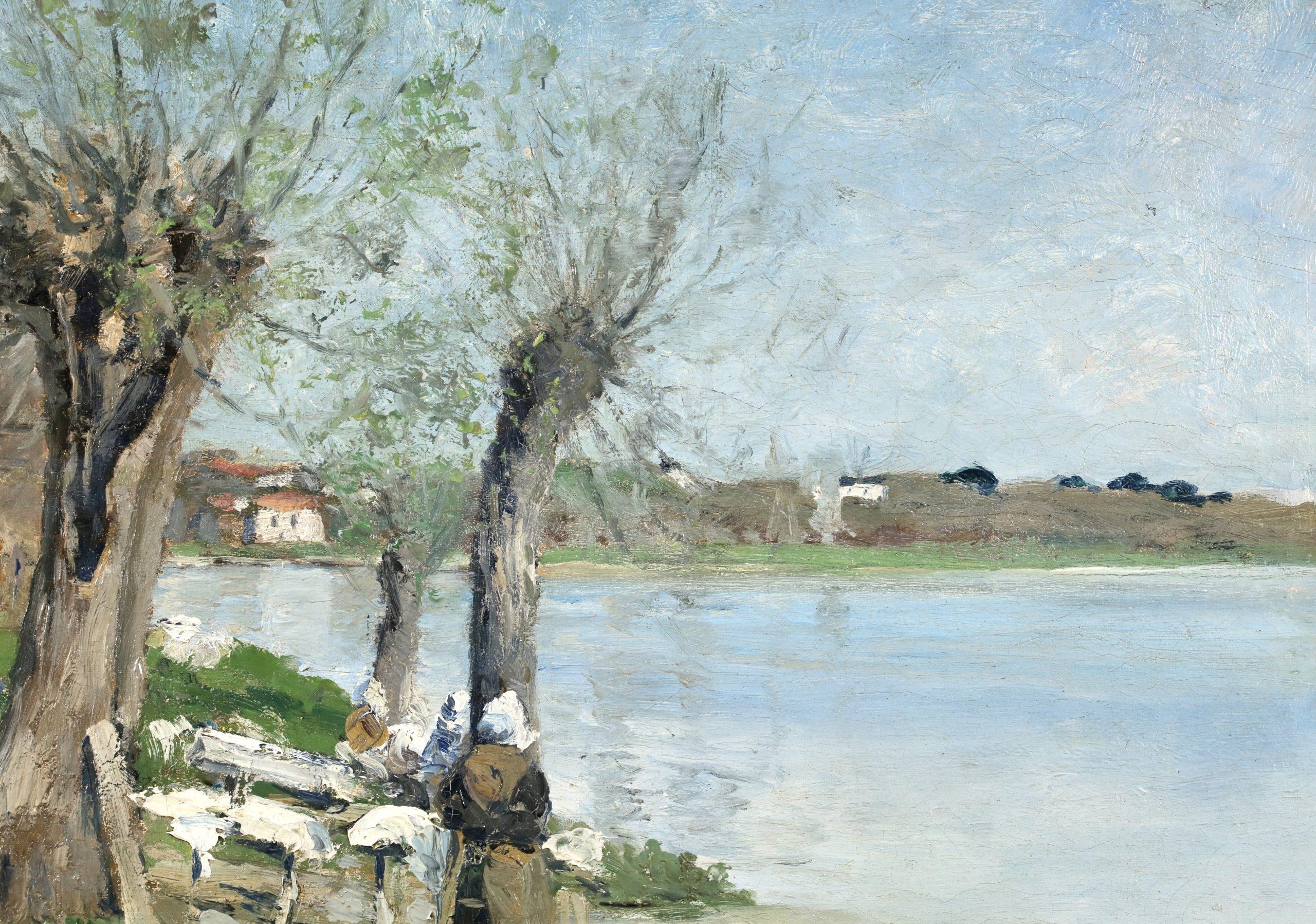 Lavandieres - Pintura al óleo impresionista Paisaje fluvial de Maxime Maufra en venta 9