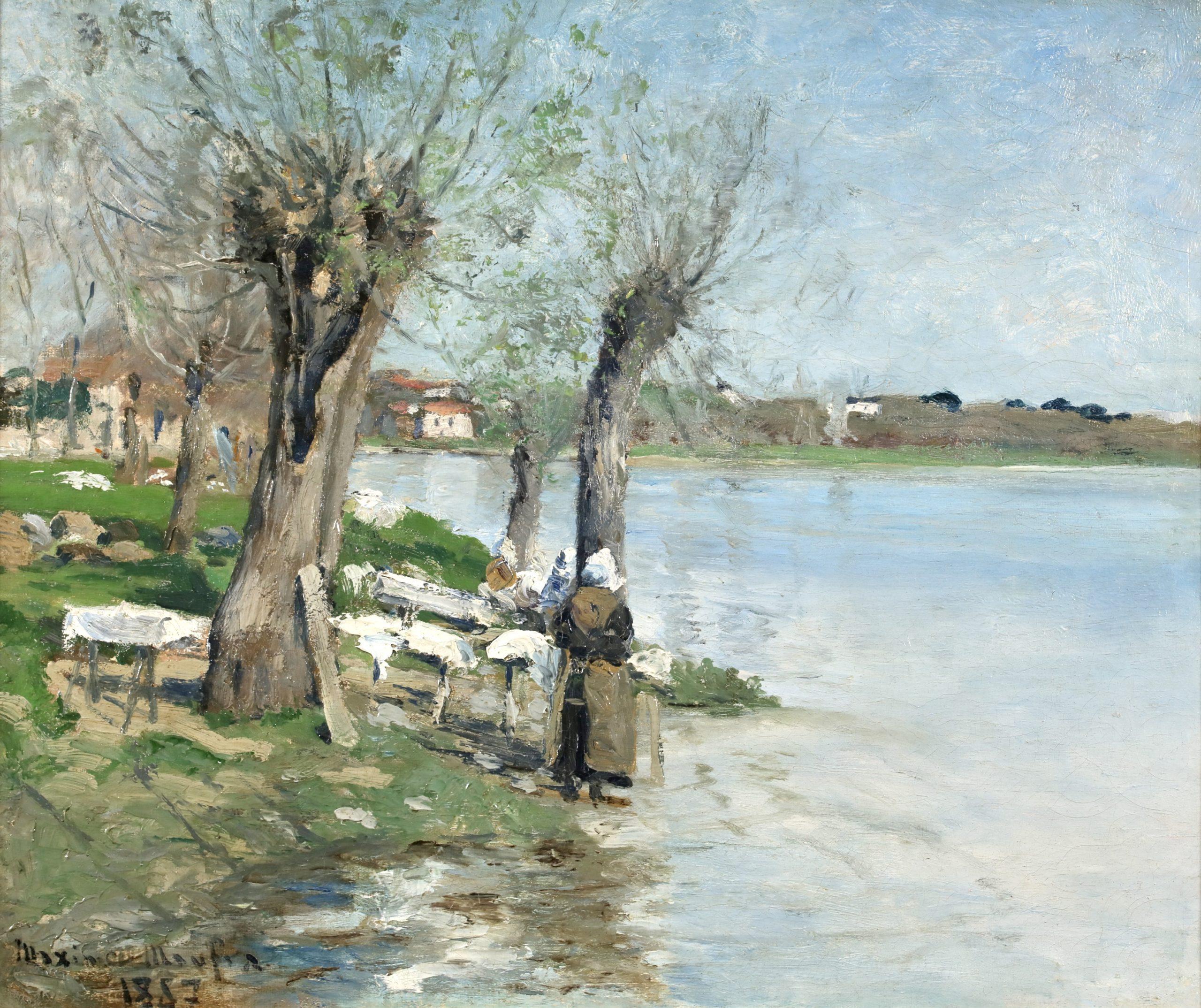 Lavandieres - Pintura al óleo impresionista Paisaje fluvial de Maxime Maufra en venta 1