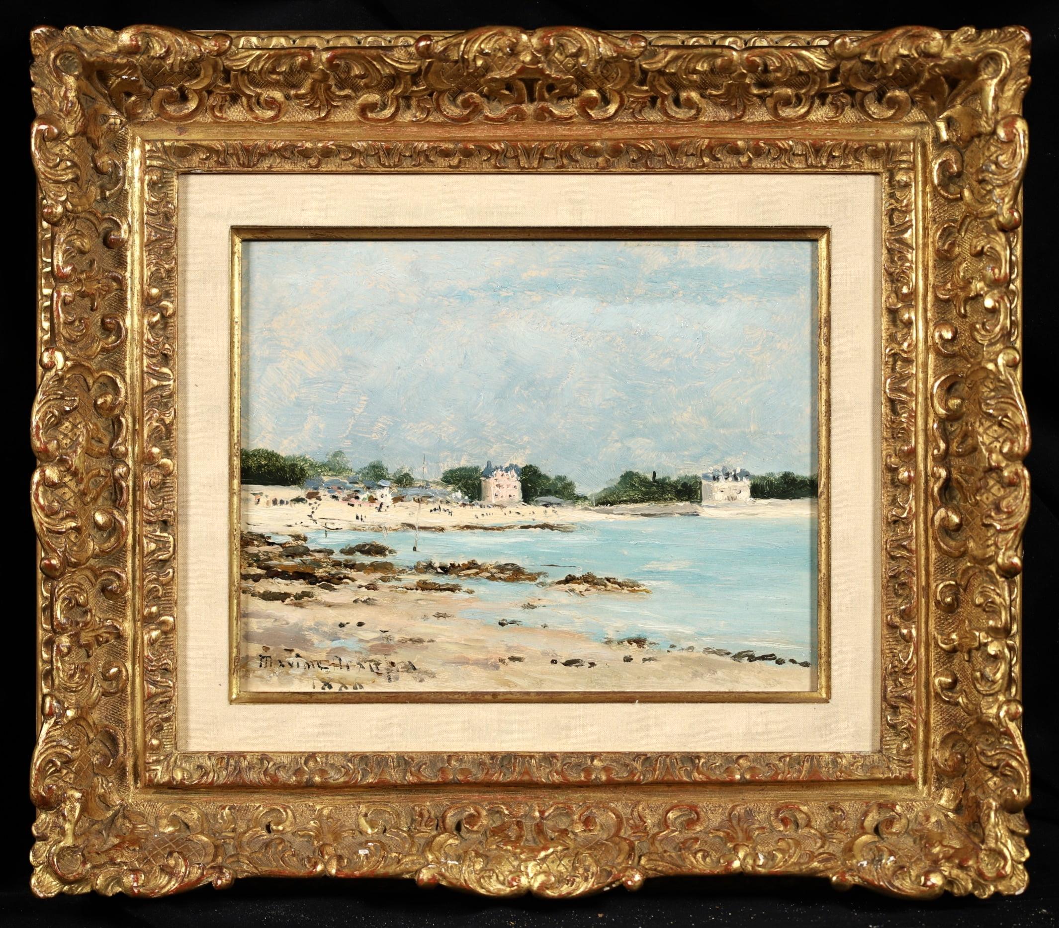 Signed and dated impressionist oil on panel seascape painting by French painter Maxime Maufra. This stunning work depicts the beach at Morgat in Brittany, northwest France. The crystal blue water is surrounded by a golden-sanded beach. The is a line