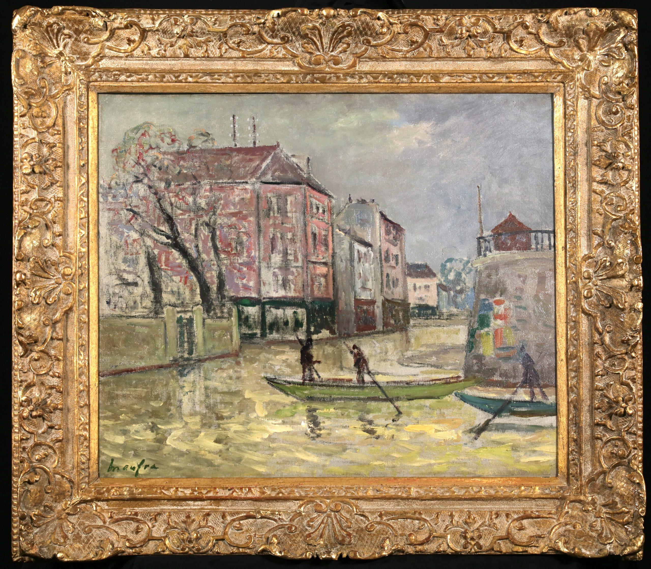 Signiertes impressionistisches Öl auf Leinwand Landschaftsgemälde des französischen Malers Maxime Maufra. Das Stück zeigt Menschen, die in Booten durch die überfluteten Straßen von Paris rudern. 

Unterschrift:
Signiert unten