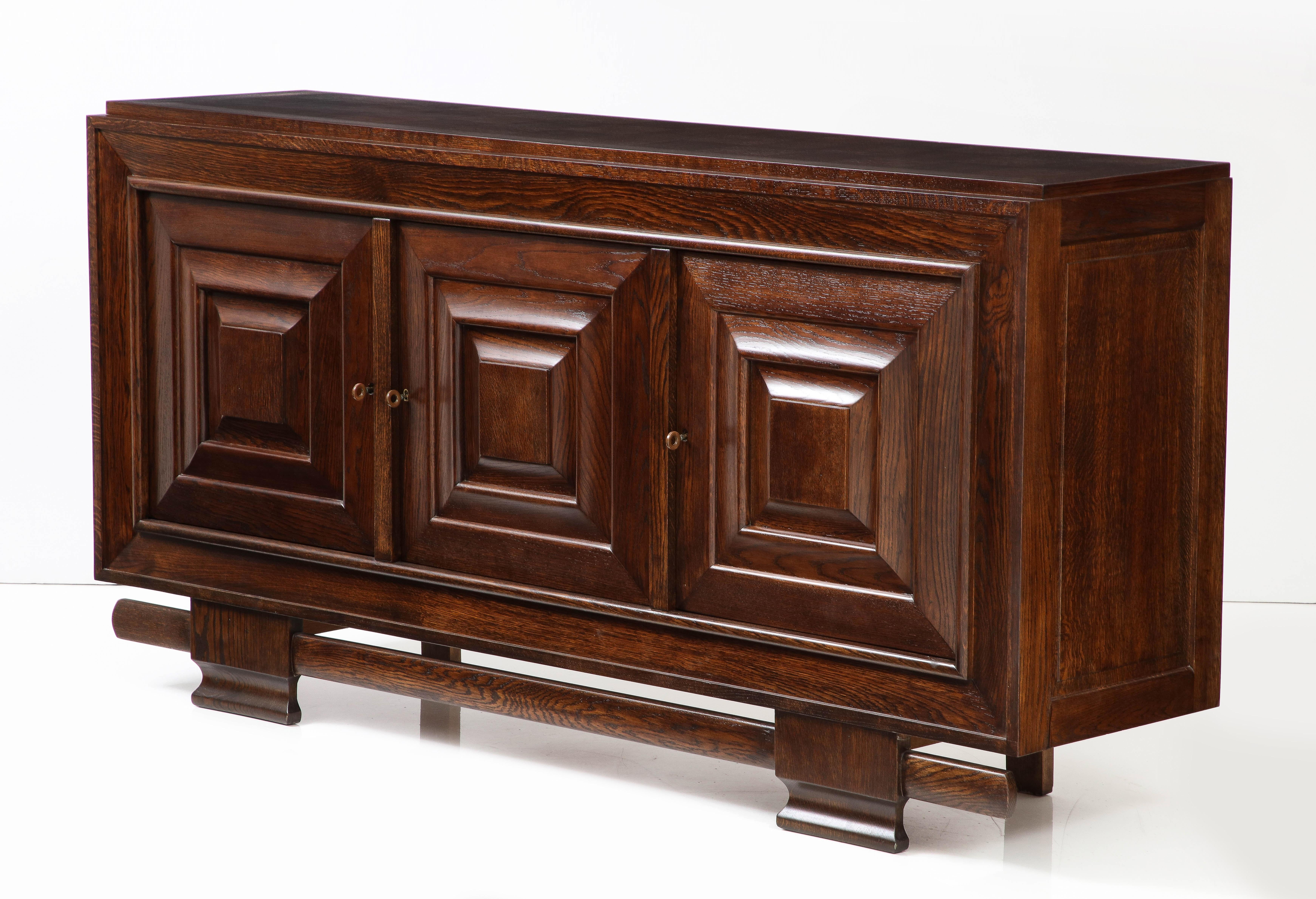 Oak Maxime Old (attrib.) 3 Door Credenza, Inlaid shelves, France, c. 1940's