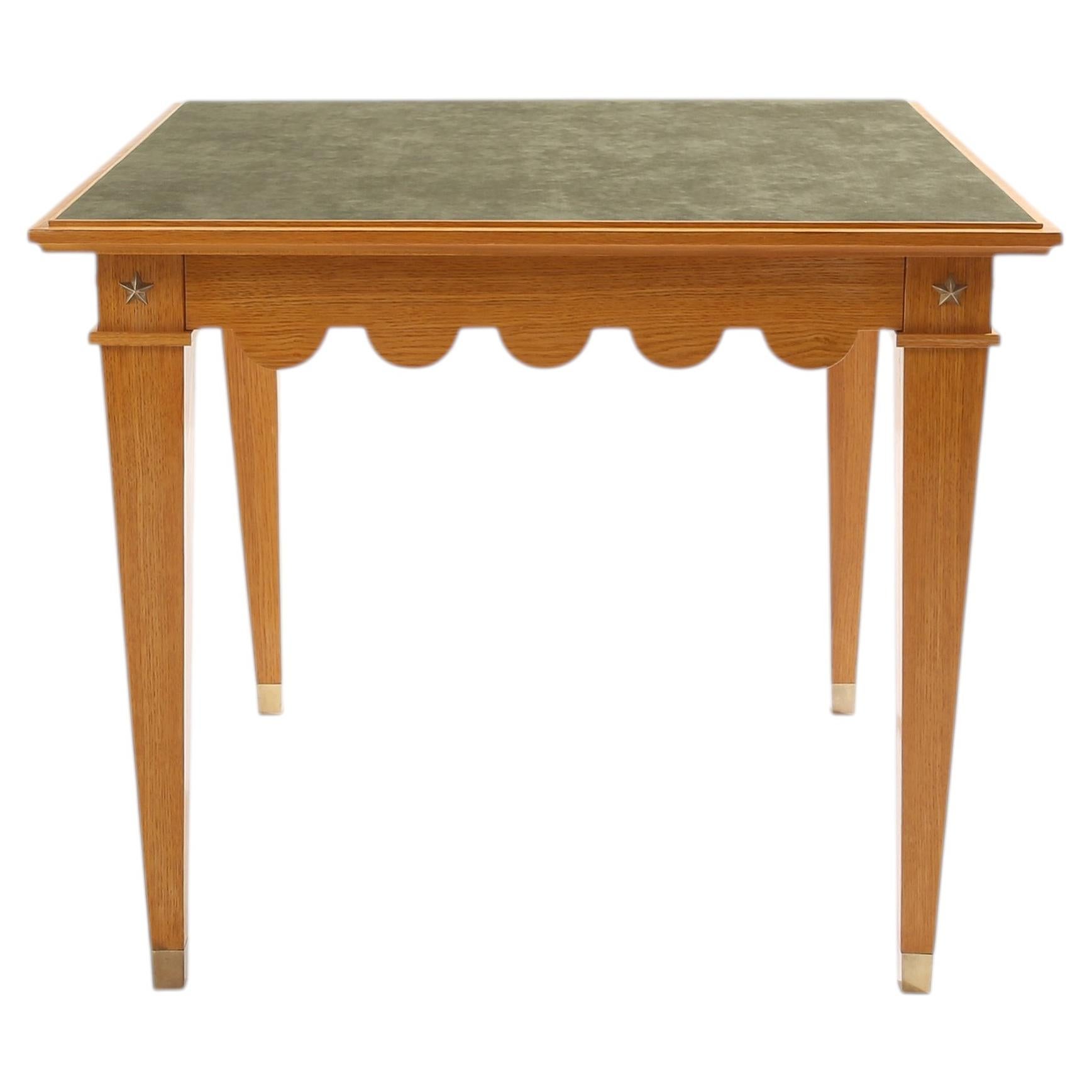 Maxime Old French oak wood brass green suede game table 1940