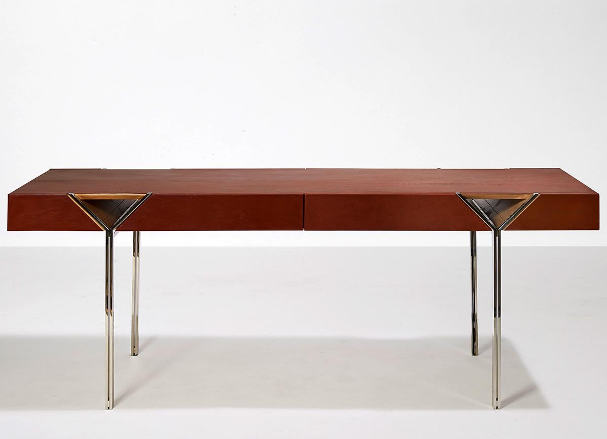 Modern Maxime Old Y Desk in Leather and Polished Stainless Steel