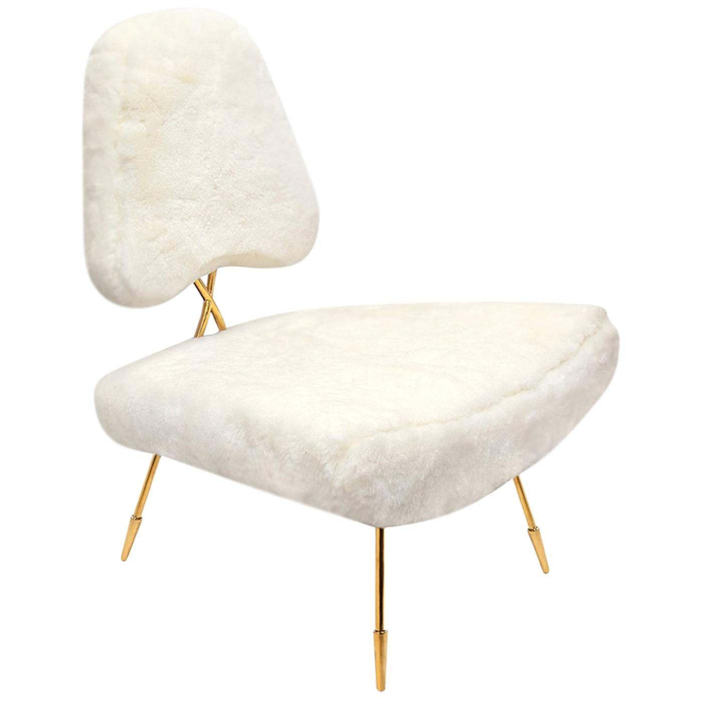 Maxime Shearling and Brass Lounge Chair For Sale