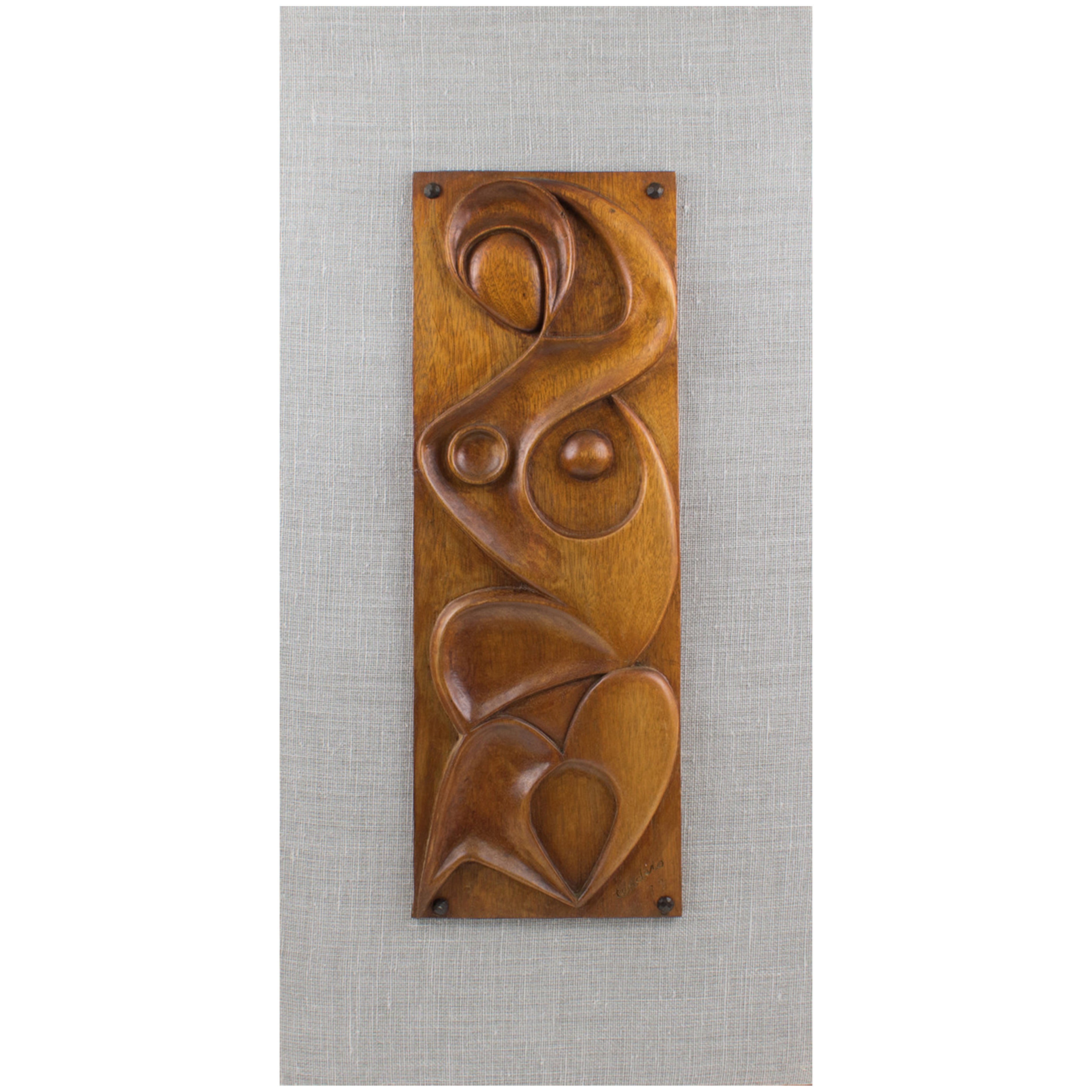 Scultura astratta da parete in legno intagliato di Maxime Tendero, circa 1973
