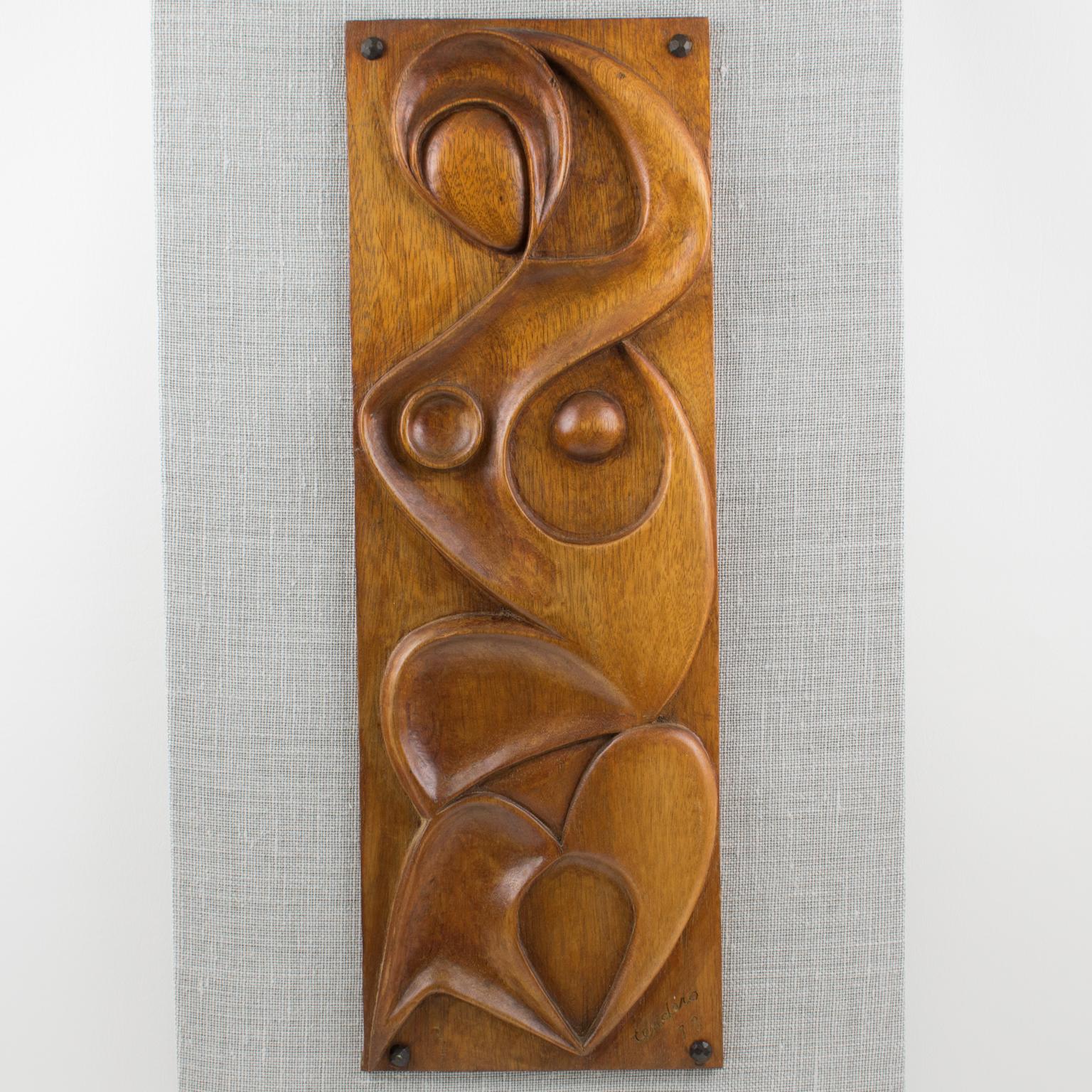 Modern Maxime Tendero Wall-Mounted Abstract Carved Wood Art Panel Sculpture, circa 1973 For Sale