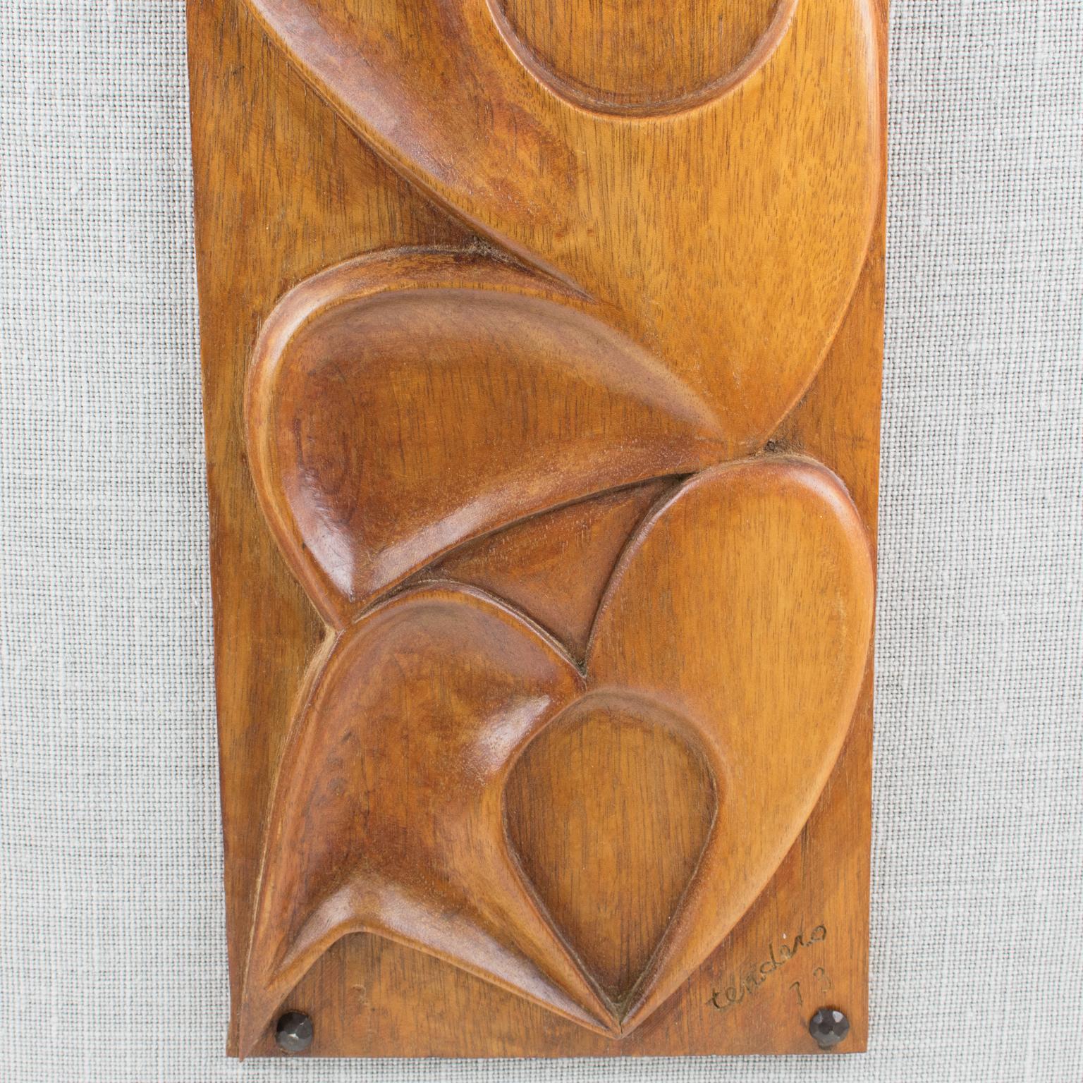 Late 20th Century Maxime Tendero Wall-Mounted Abstract Carved Wood Art Panel Sculpture, circa 1973 For Sale